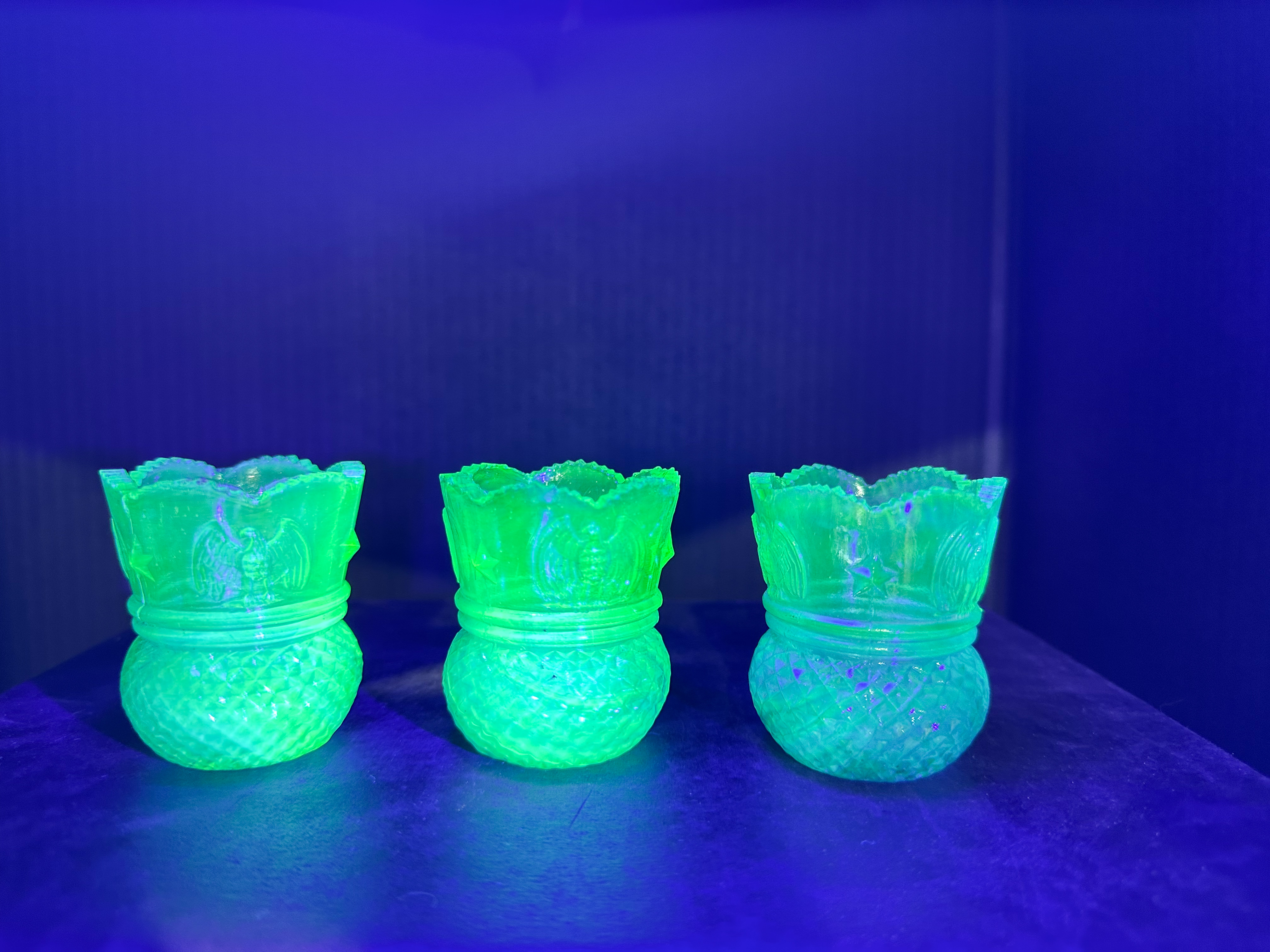 TRIO OF BLUE URANIUM GLASS HOLDERS