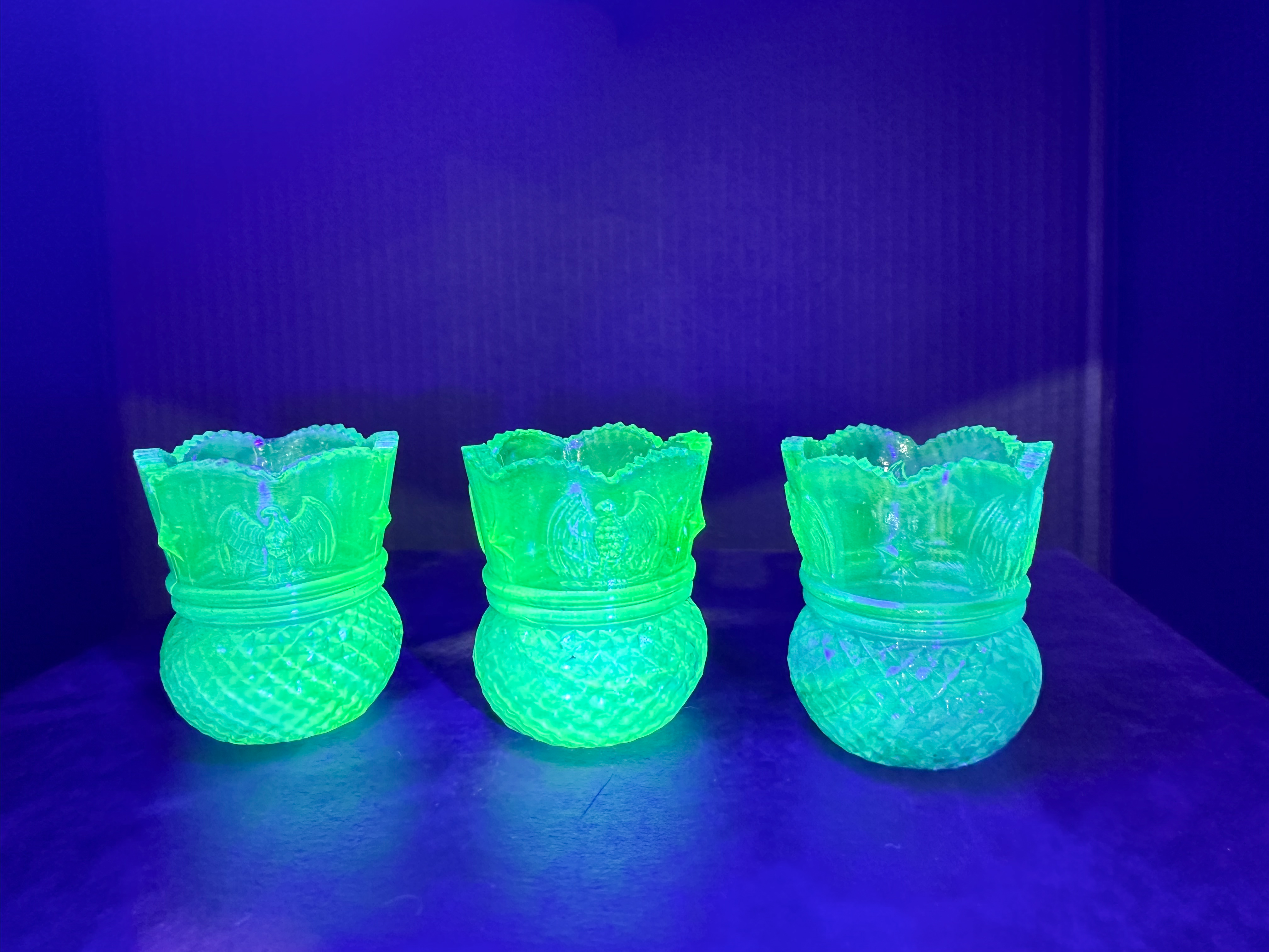 TRIO OF BLUE URANIUM GLASS HOLDERS