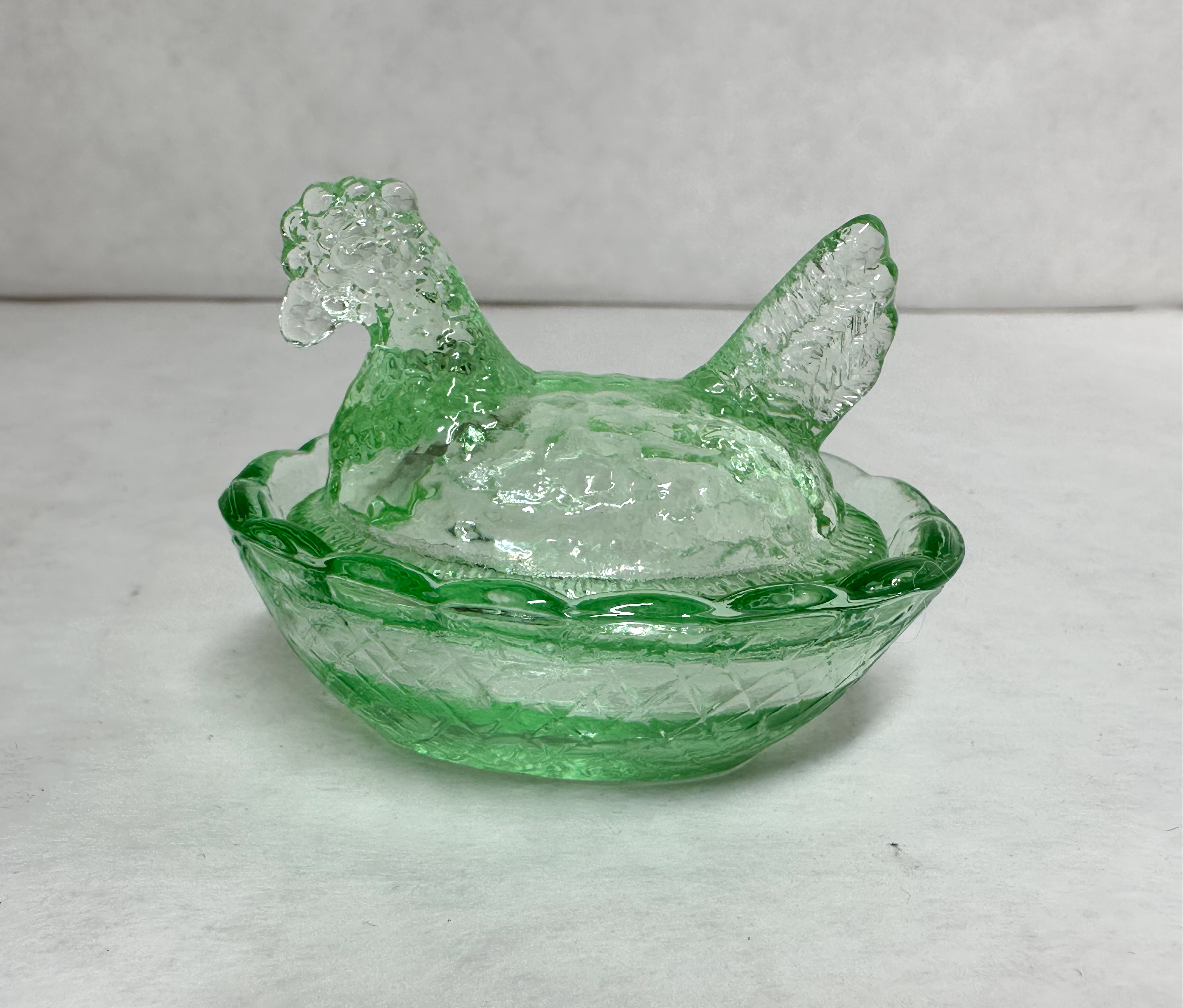 GREEN PRESSED GLASS HEN ON NEST