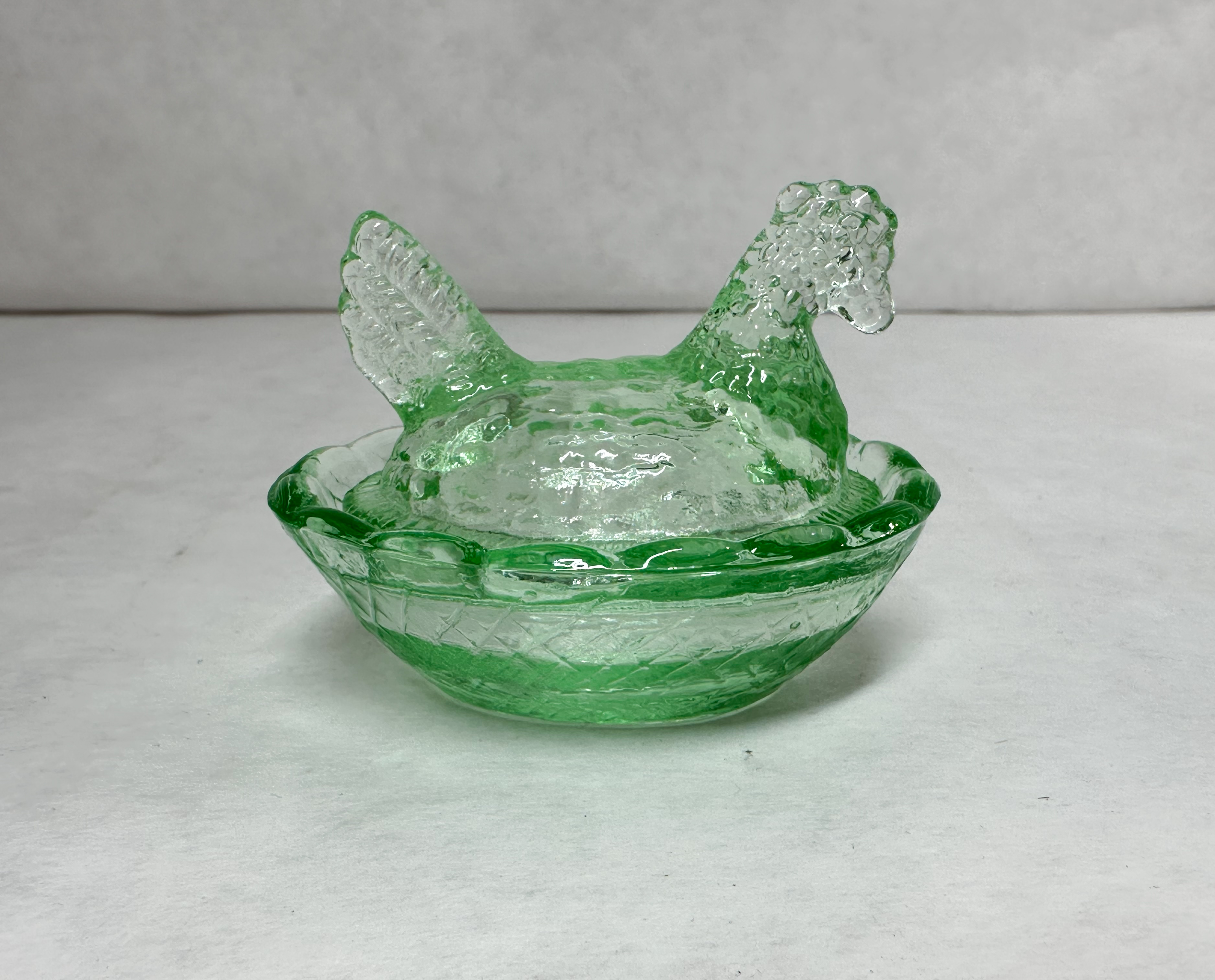 GREEN PRESSED GLASS HEN ON NEST