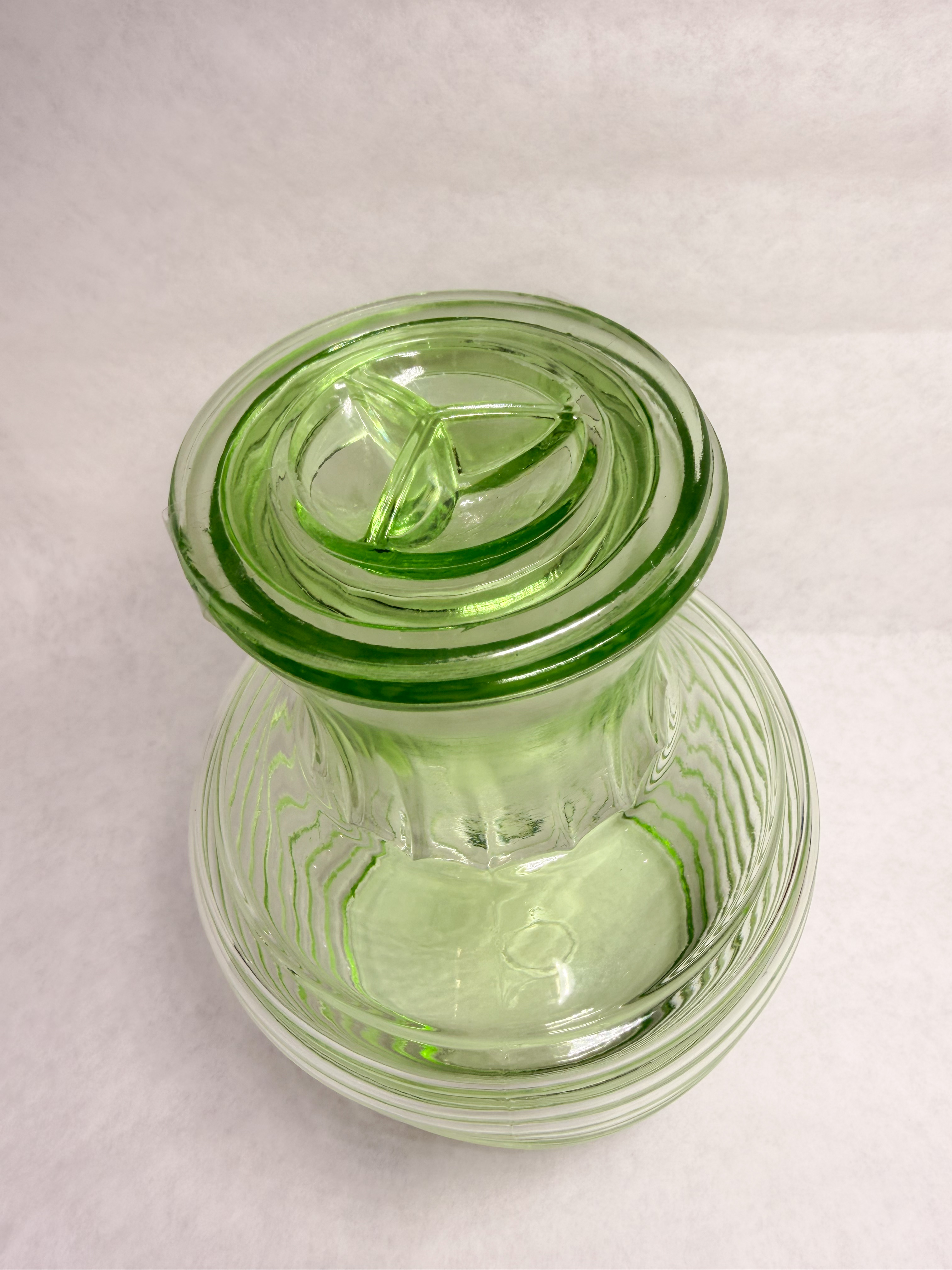 GREEN URANIUM GLASS BEEHIVE JUG, 1930S