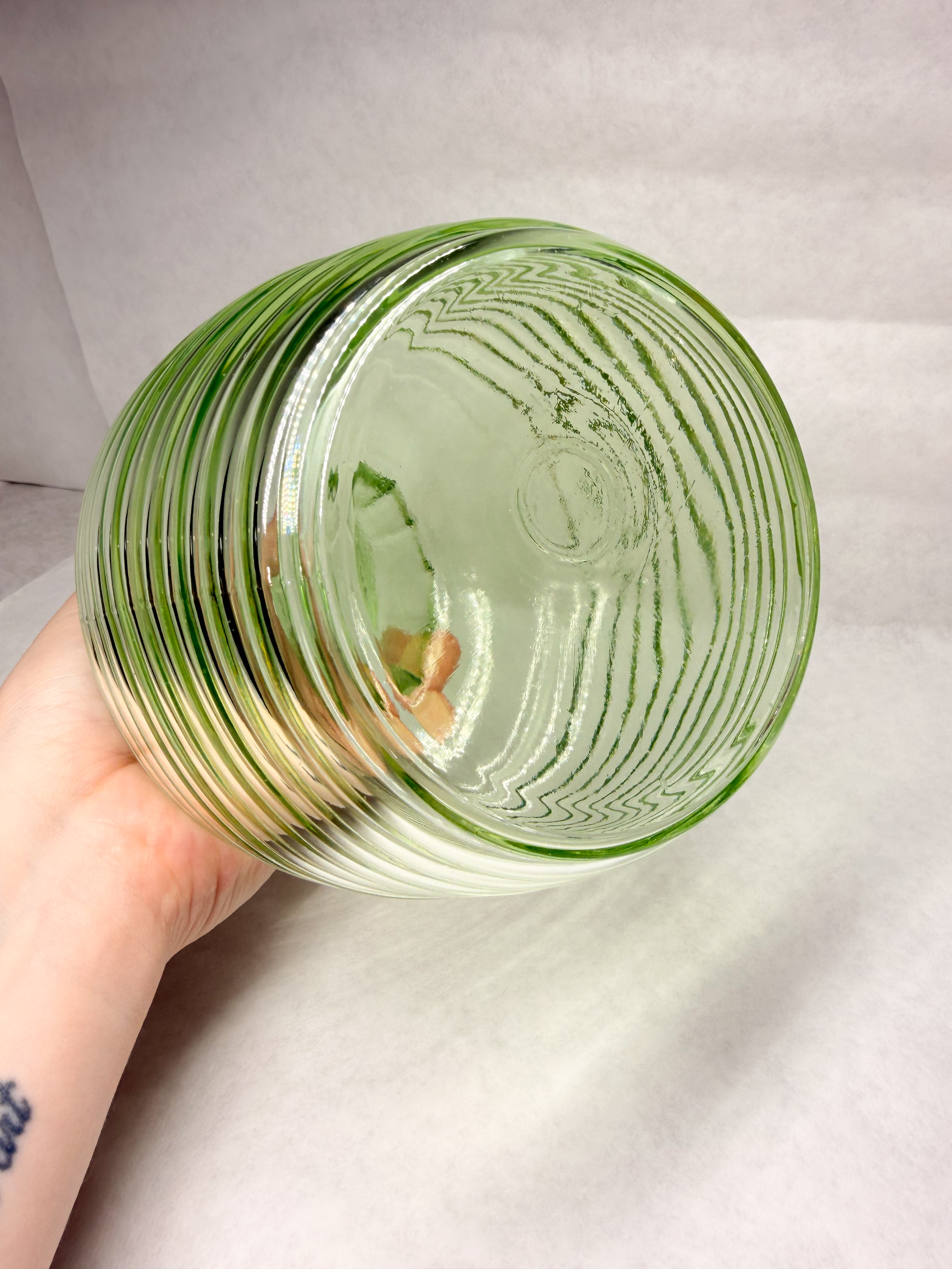 GREEN URANIUM GLASS BEEHIVE JUG, 1930S
