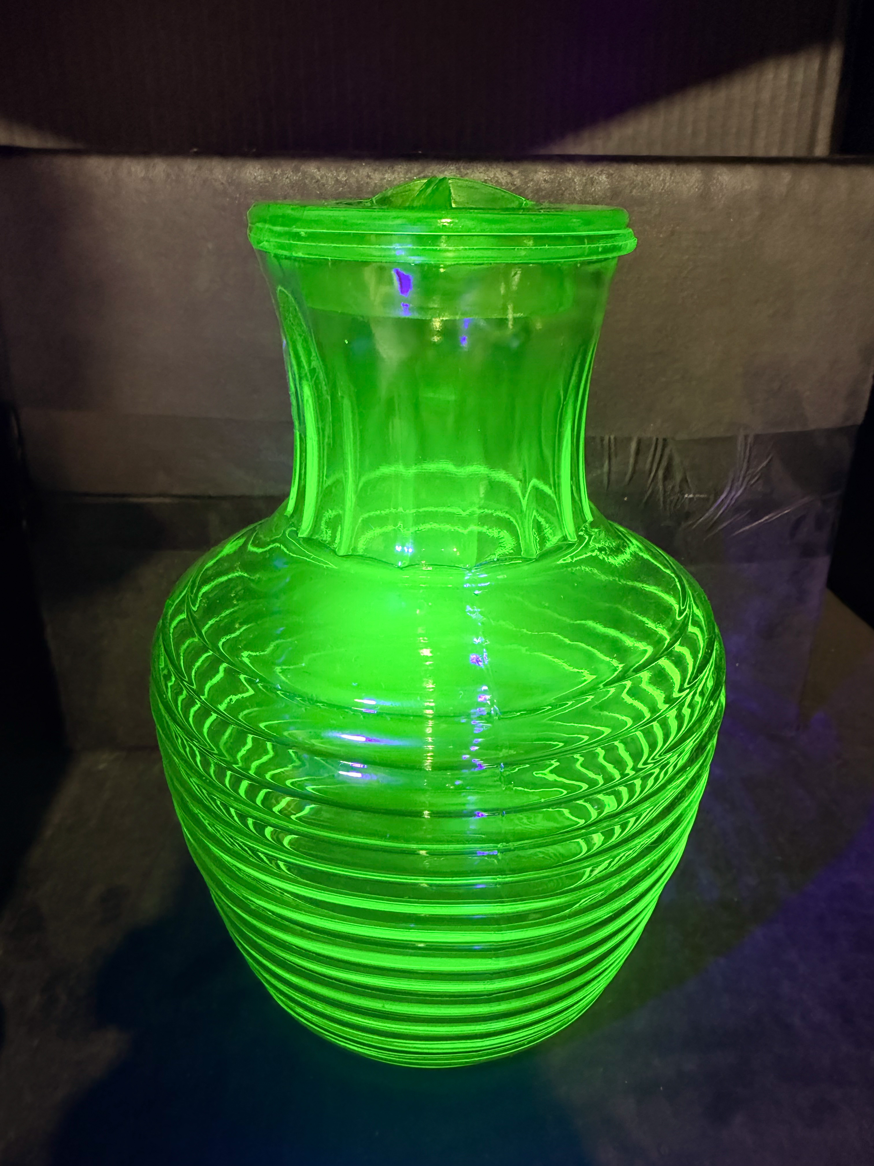 GREEN URANIUM GLASS BEEHIVE JUG, 1930S
