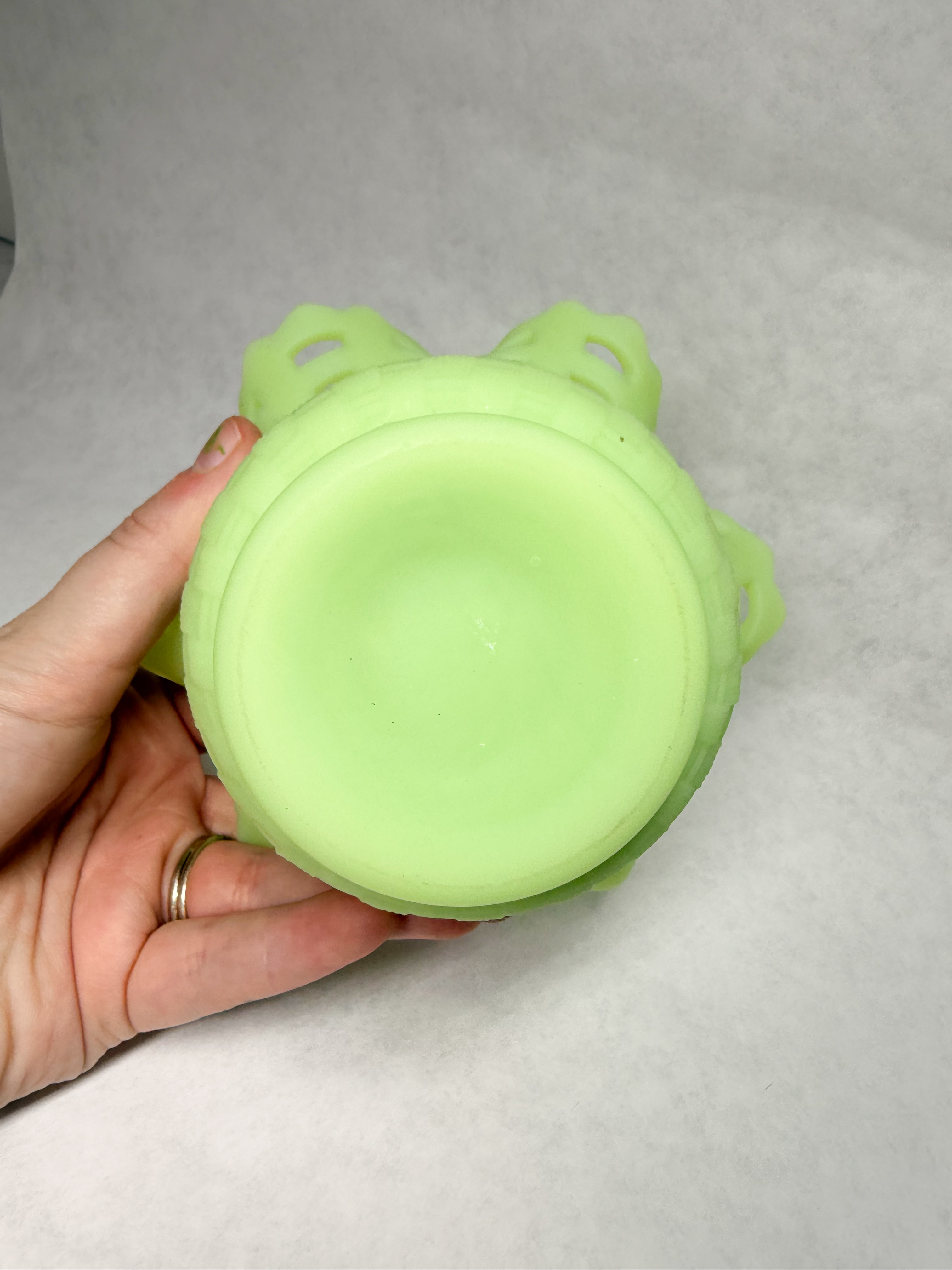URANIUM CUSTARD GLASS BASKETWEAVE BOWL, 1950s