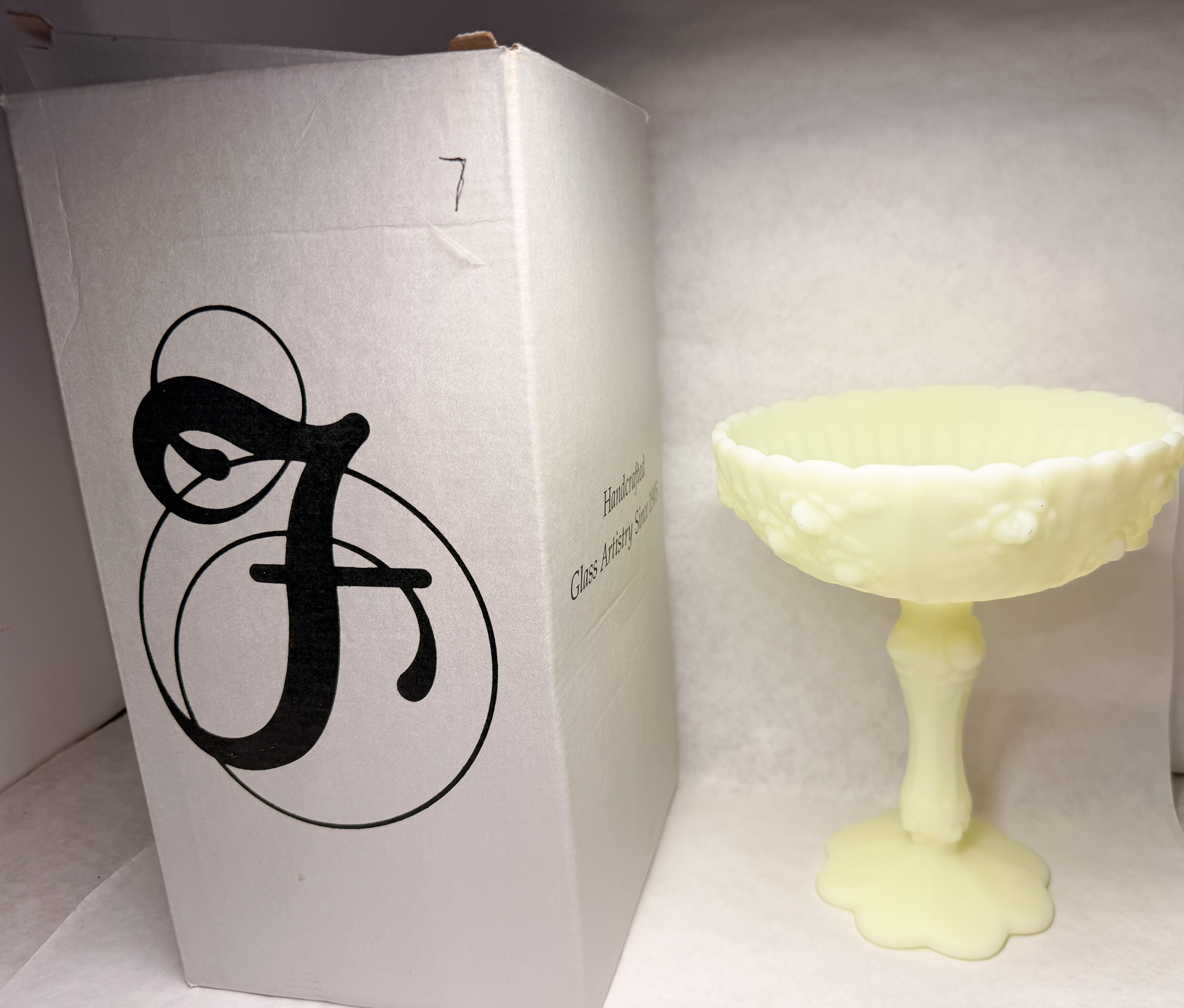 FENTON CUSTARD URANIUM GLASS COMPOTE, 1970S
