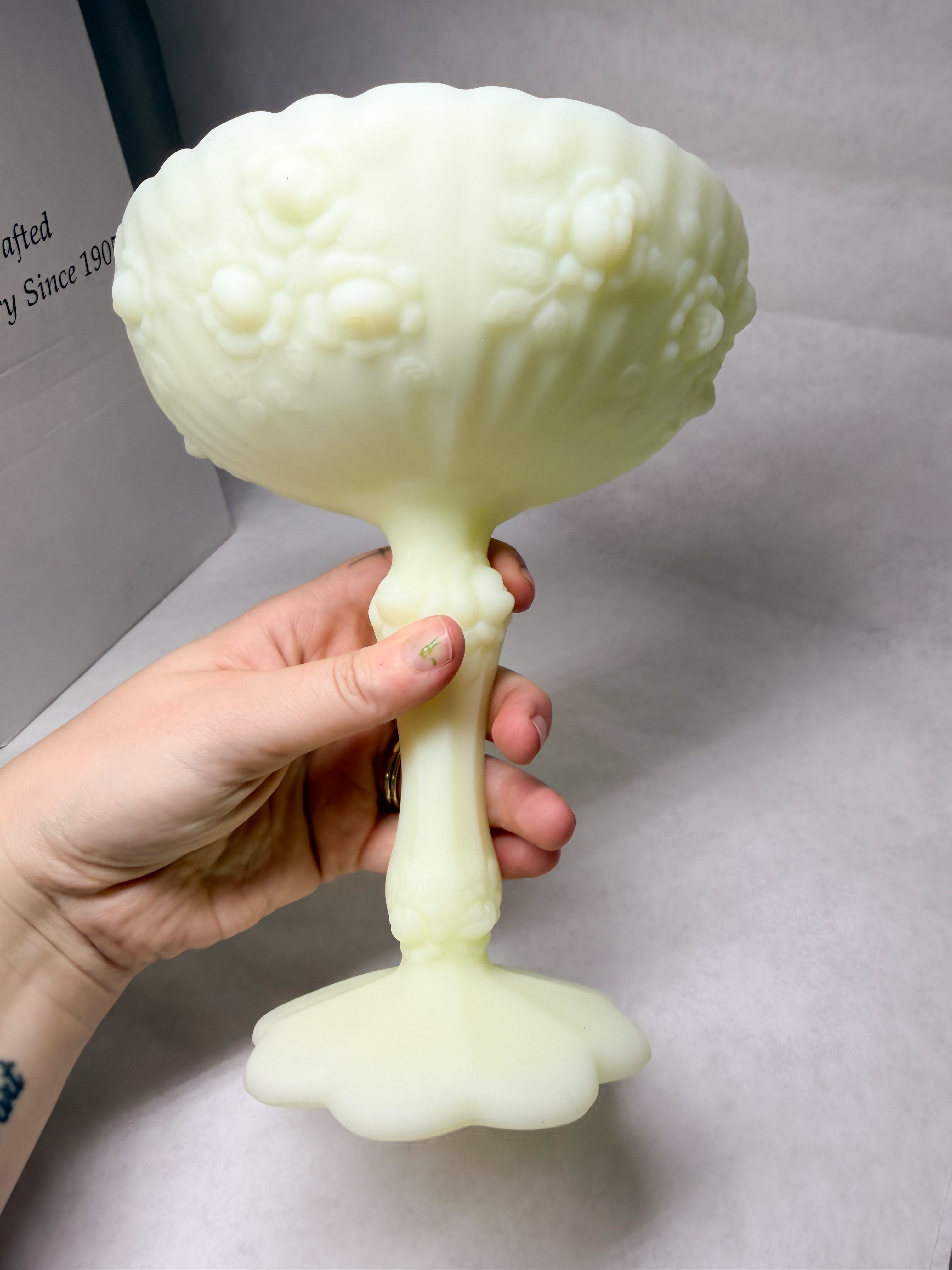 FENTON CUSTARD URANIUM GLASS COMPOTE, 1970S