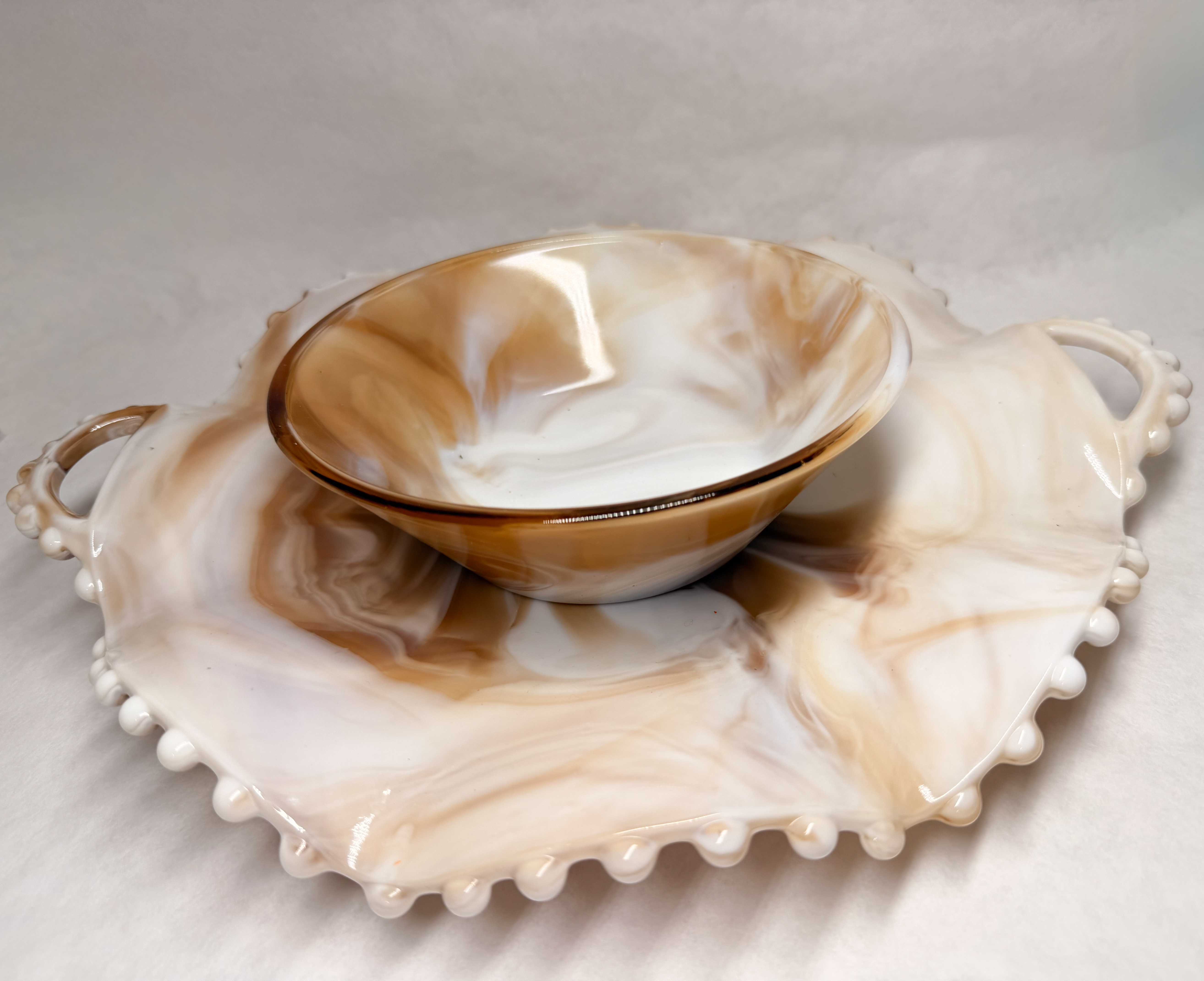 CARAMEL SLAG GLASS SERVING SET, VINTAGE