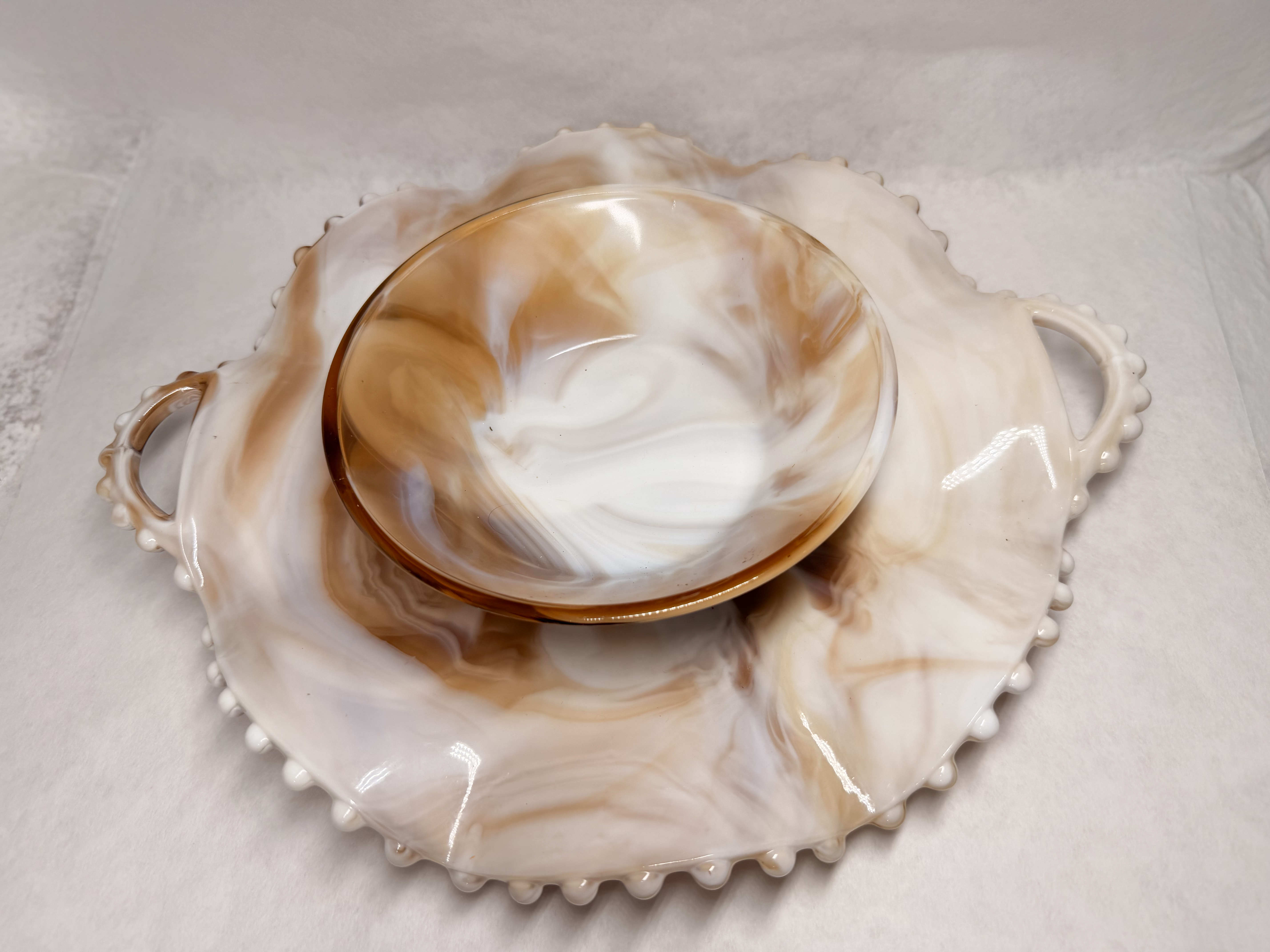 CARAMEL SLAG GLASS SERVING SET, VINTAGE