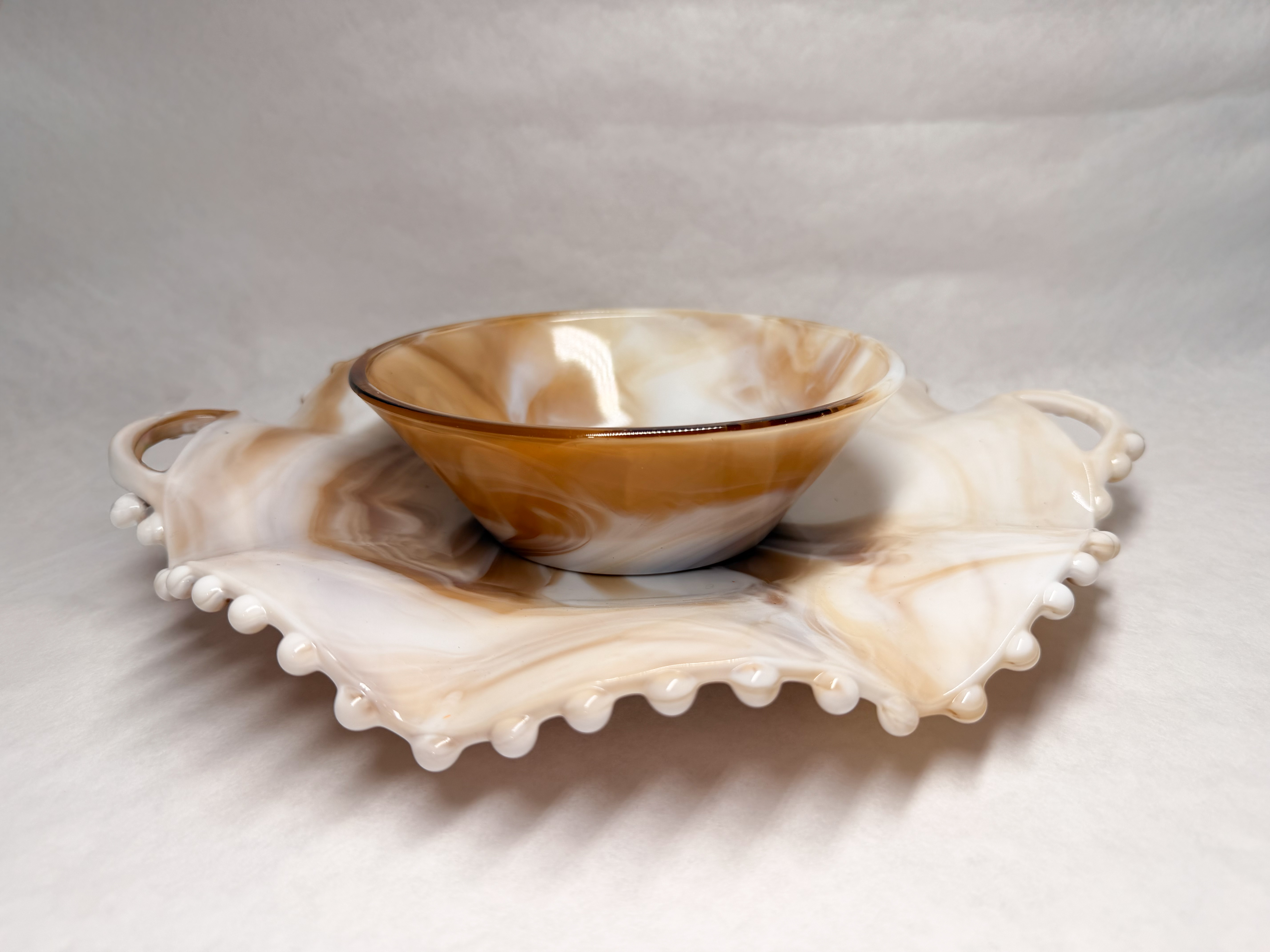 CARAMEL SLAG GLASS SERVING SET, VINTAGE