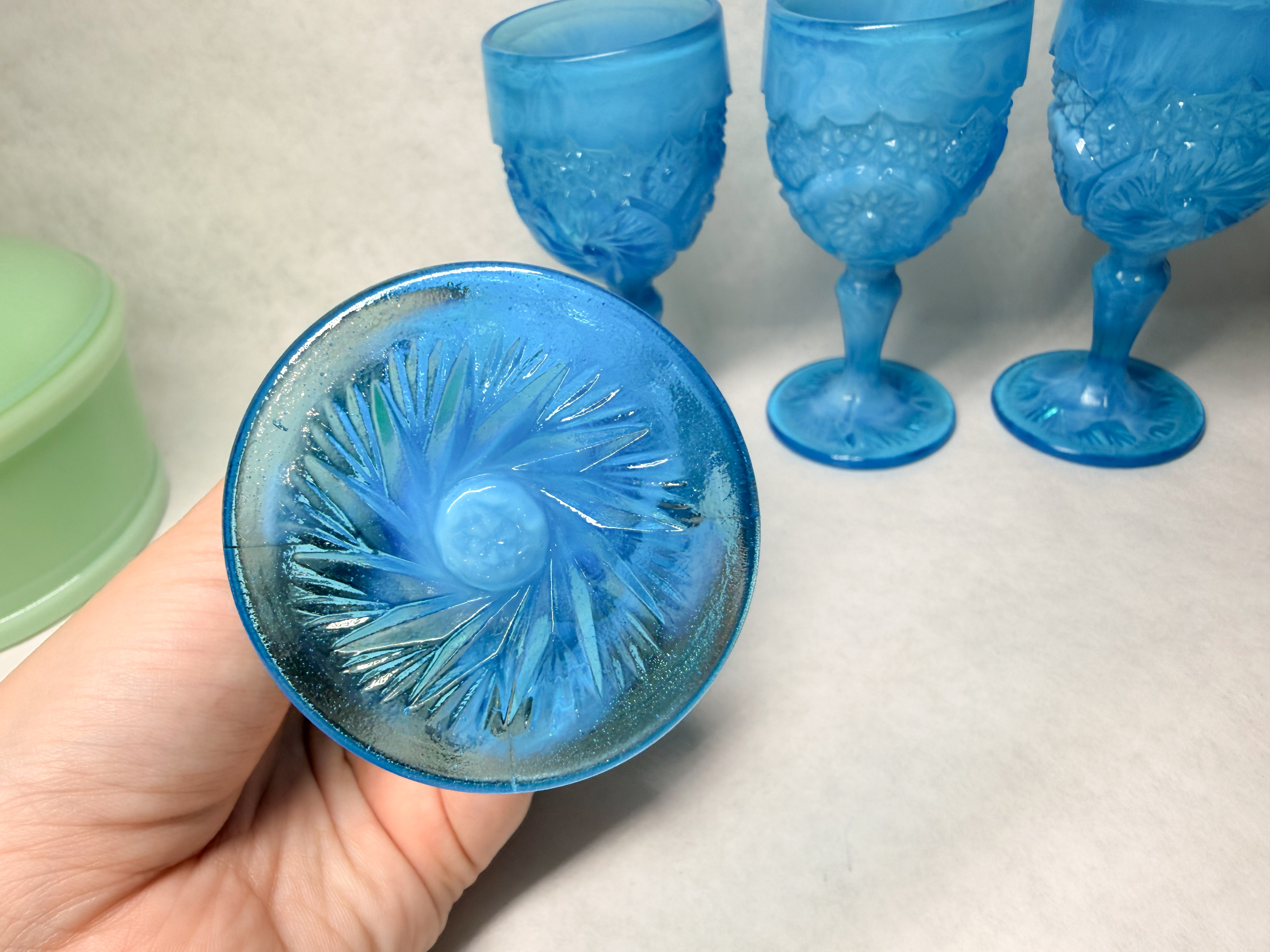BOYD BLUE SLAG GLASS GOBLETS