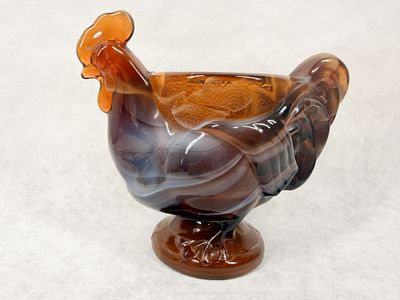 IMPERIAL GLASS CARAMEL SLAG TOOTHPICK HOLDER. A standing rooster cup in chocolate slag glass 
