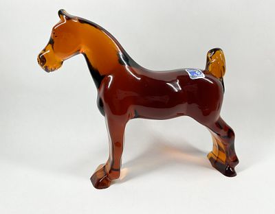 HEISEY BY IMPERIAL GLASS AMBER HORSE. Pressed slag glass figurine of a standing Clydesdale horse 
