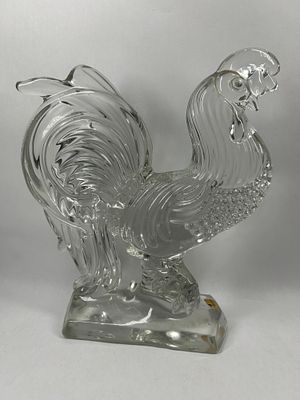 FOSTORIA CLEAR GLASS CHANTICLER ROOSTER. A clear molded glass figurine of a rooster in a crowing 