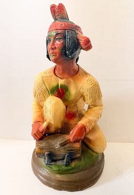 CHALKWARE NATIVE AMERICAN DRUMMER, MID-20TH CENTURY. A mid-20th-century hand-painted chalkware 