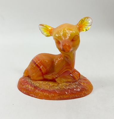 BOYD ORANGE SLAG BINGO DEER. Vintage pressed slag glass figurine of a reclining fawn featuring 