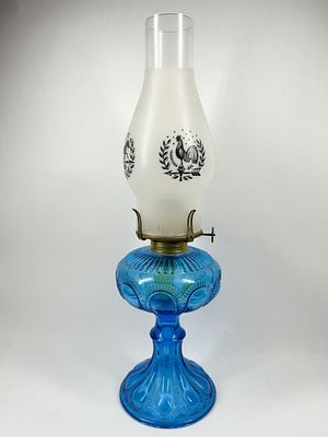 EAGLE BLUE GLASS LAMP, VINTAGE. Eagle vintage blue glass Moon and Star oil lamp featuring a 