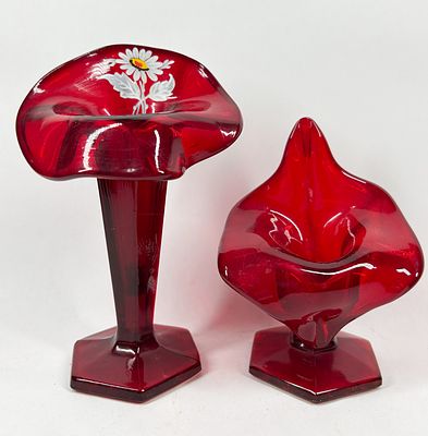 VINTAGE RUBY GLASS VASE PAIR. A pair of hand-blown ruby glass vases featuring pressed hexagonal 