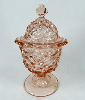 VIKING PINK GLASS COVERED DISH. Mid-century pink pressed glass covered candy dish in the Argos 