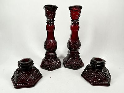 AVON CAPE COD RUBY GLASS, 1970S. A set of four ruby red pressed glass items from the 1876 Cape 