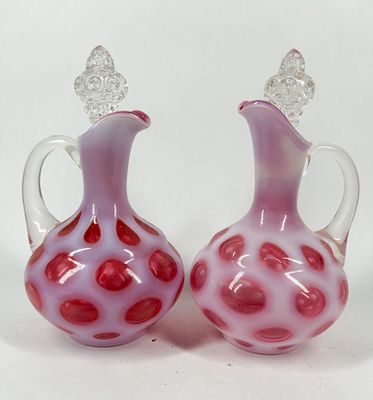 FENTON CRANBERRY OPALESCENT COIN DOT GLASS COLLECTION. An assortment of cranberry opalescent 
