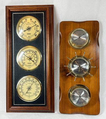 VINTAGE THERMOMETER, BAROMETER & HYGROMETER. WOOD WALL MOUNT TWO FOR ONE MONEY