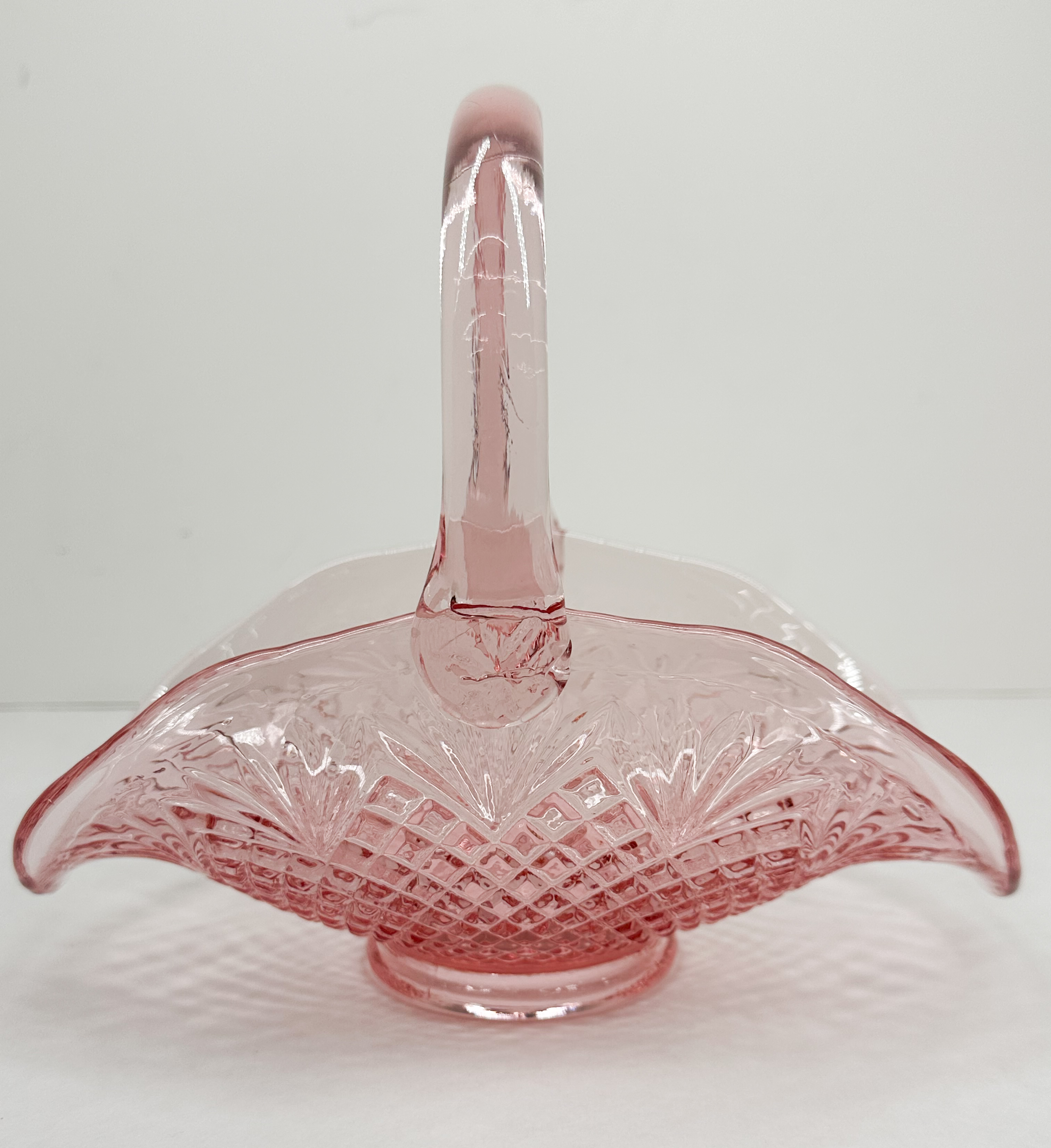 FENTON PINK GLASS BASKET, 1970S