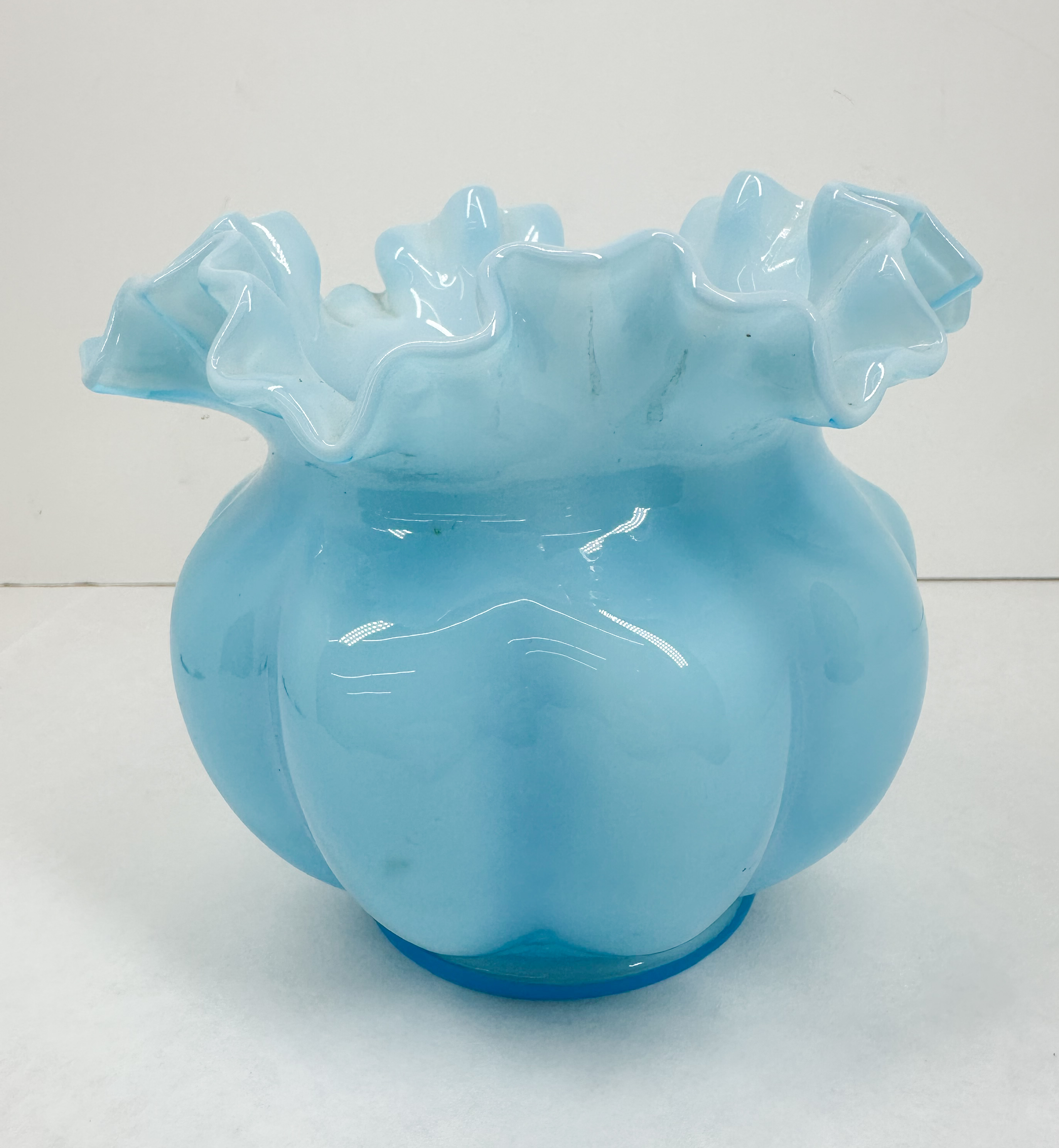 FENTON BLUE OVERLAY MELON VASE