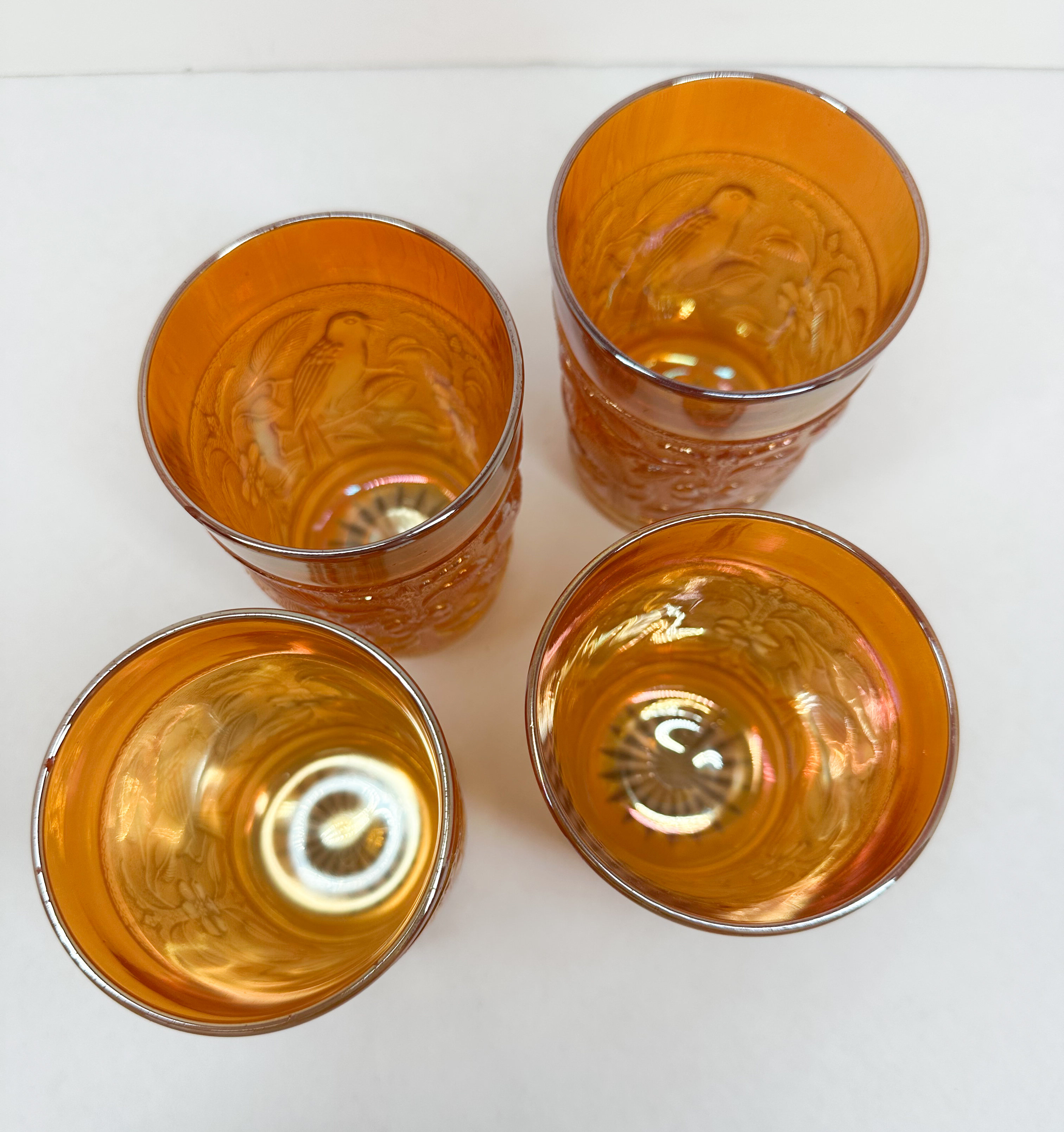 SET OF FOUR MARIGOLD CARNIVAL GLASS TUMBLERS