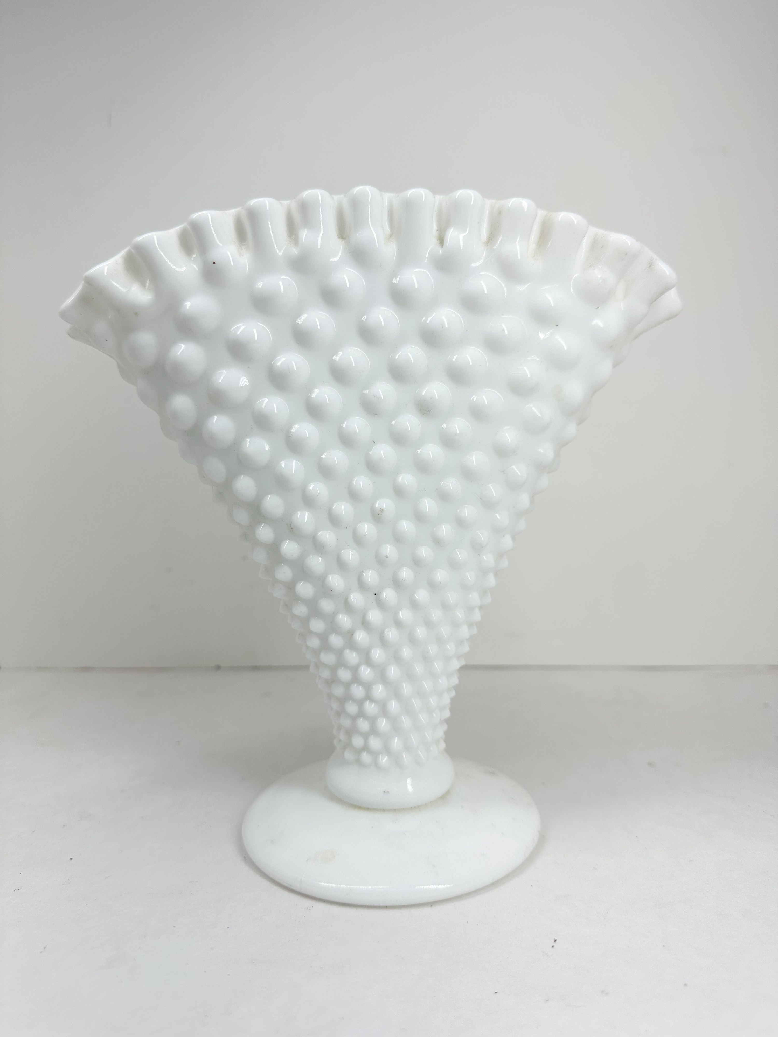HOBNAIL MILK GLASS FAN VASE MID-CENTURY
