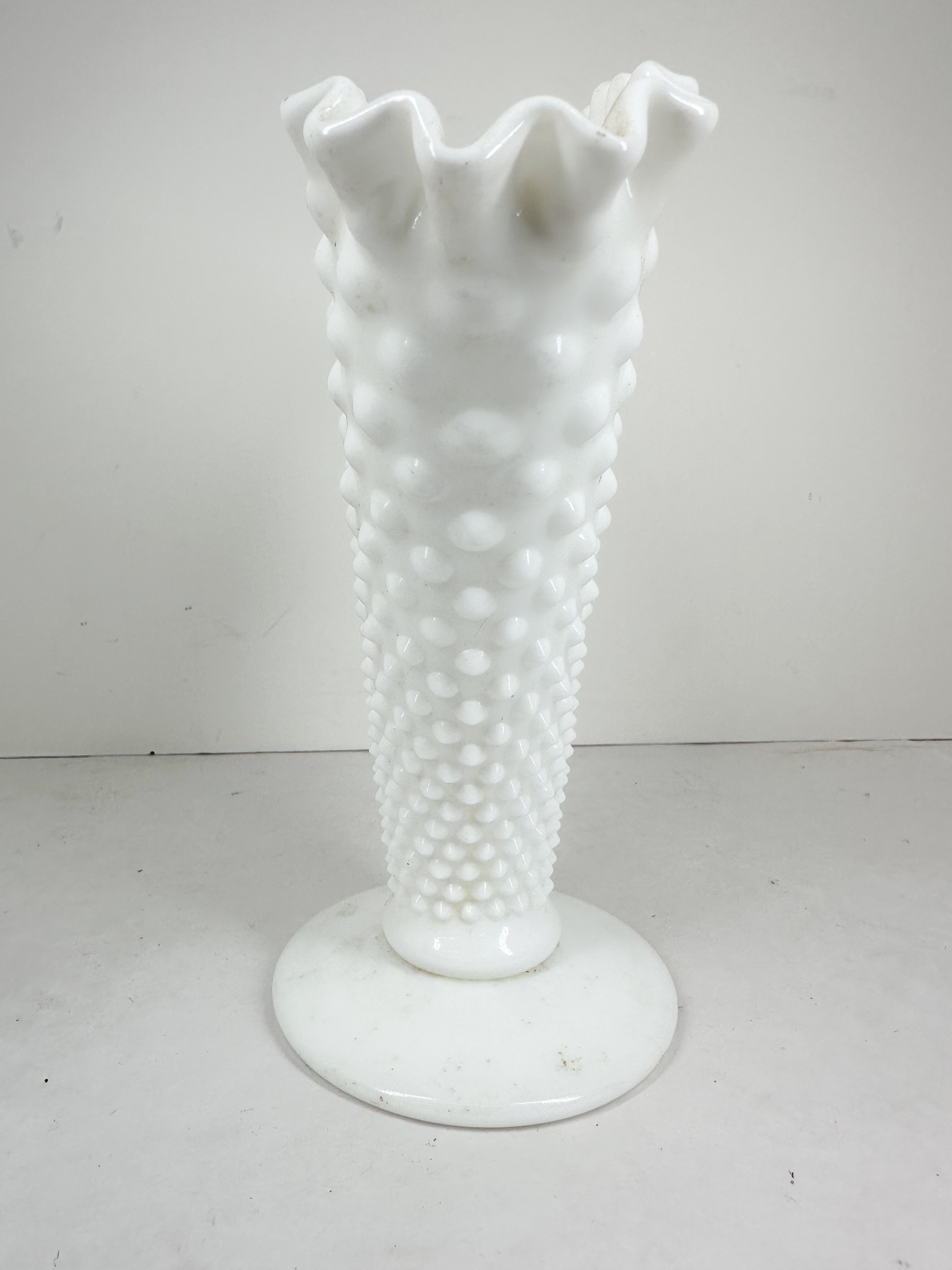 HOBNAIL MILK GLASS FAN VASE MID-CENTURY