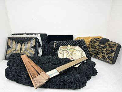 VINTAGE BEADED EVENING BAGS AND FANS. A collection of ten vintage evening bags and two folding 
