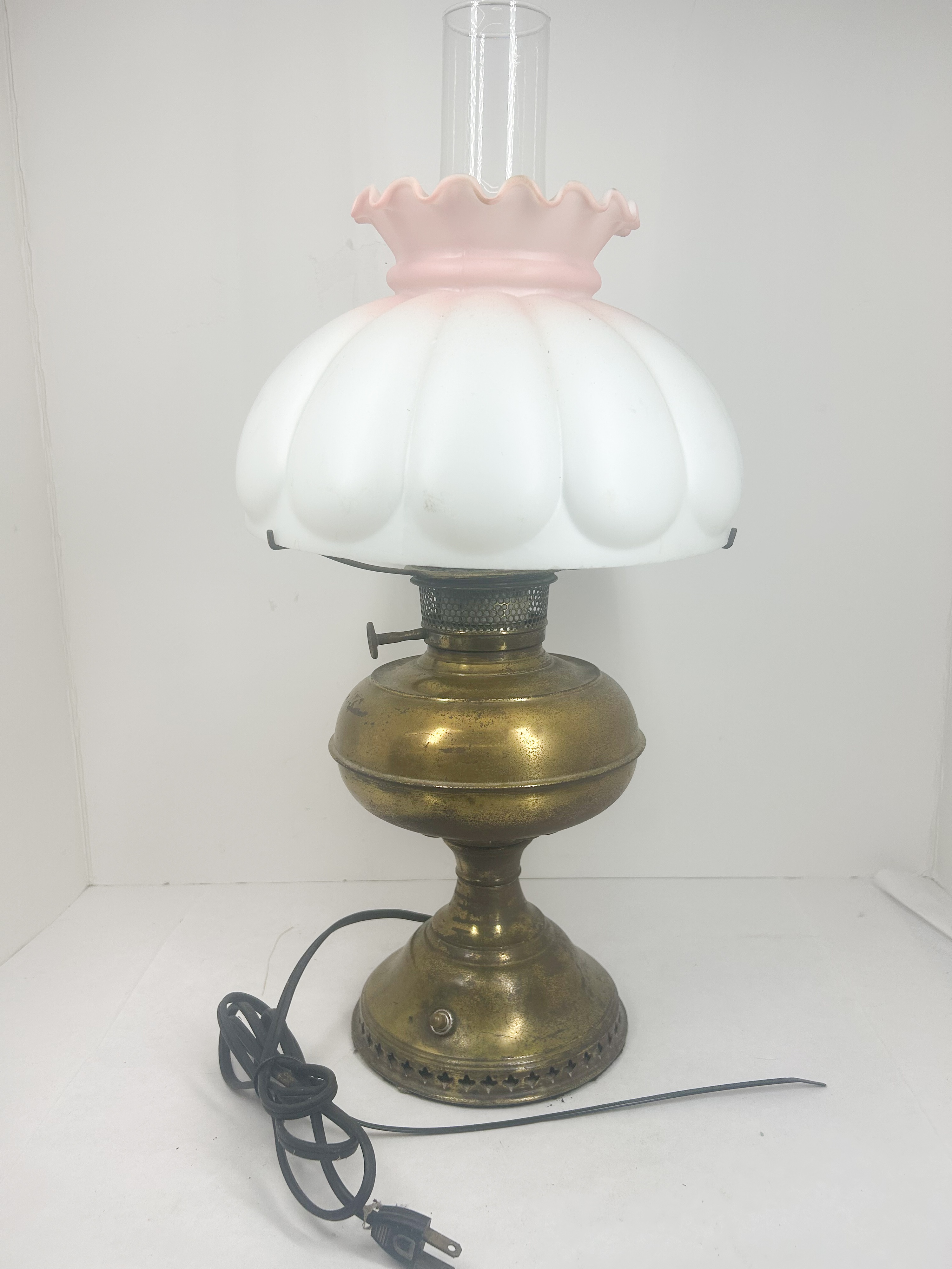 CONVERTED BRASS AND GLASS LAMP