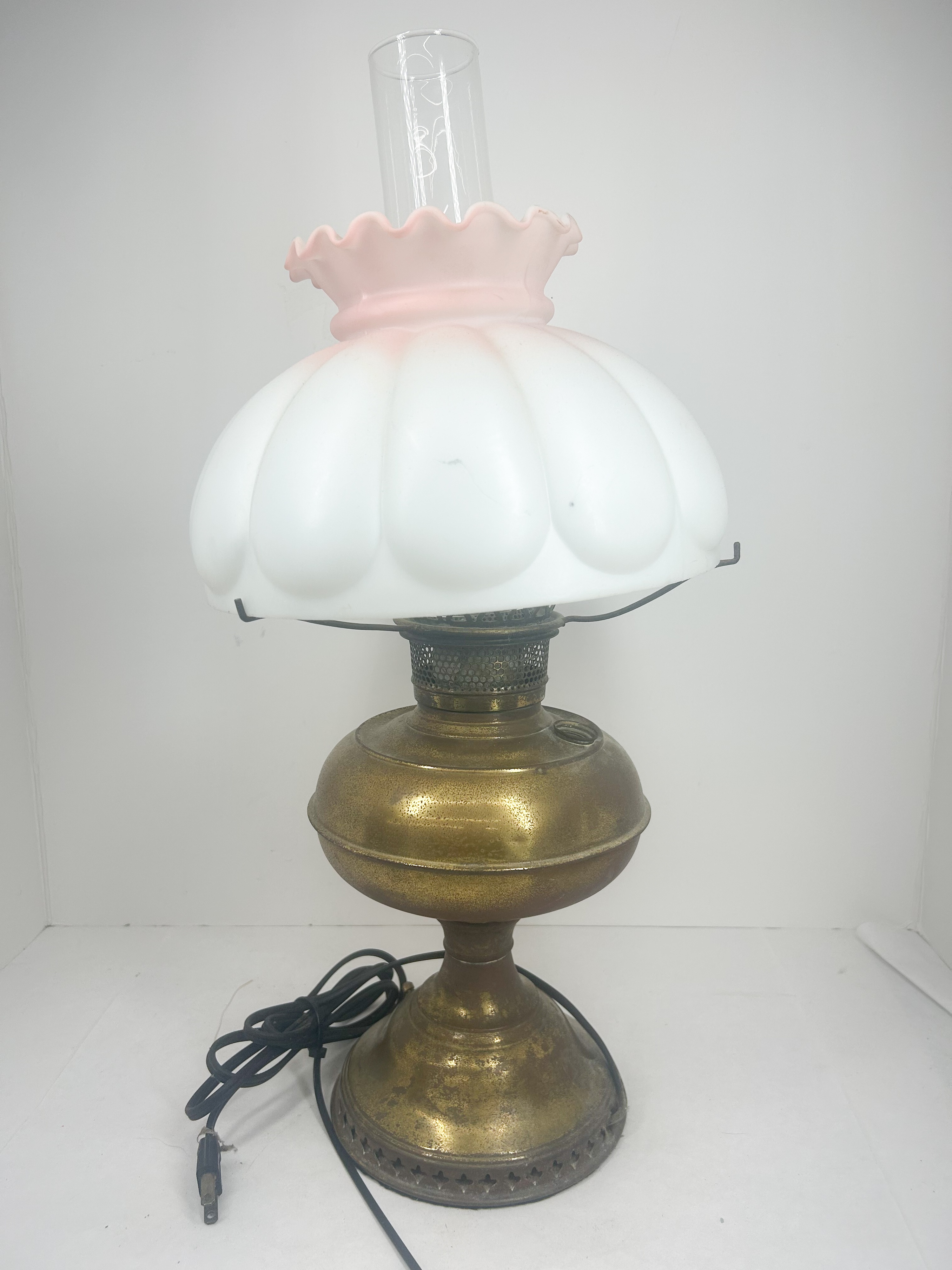 CONVERTED BRASS AND GLASS LAMP
