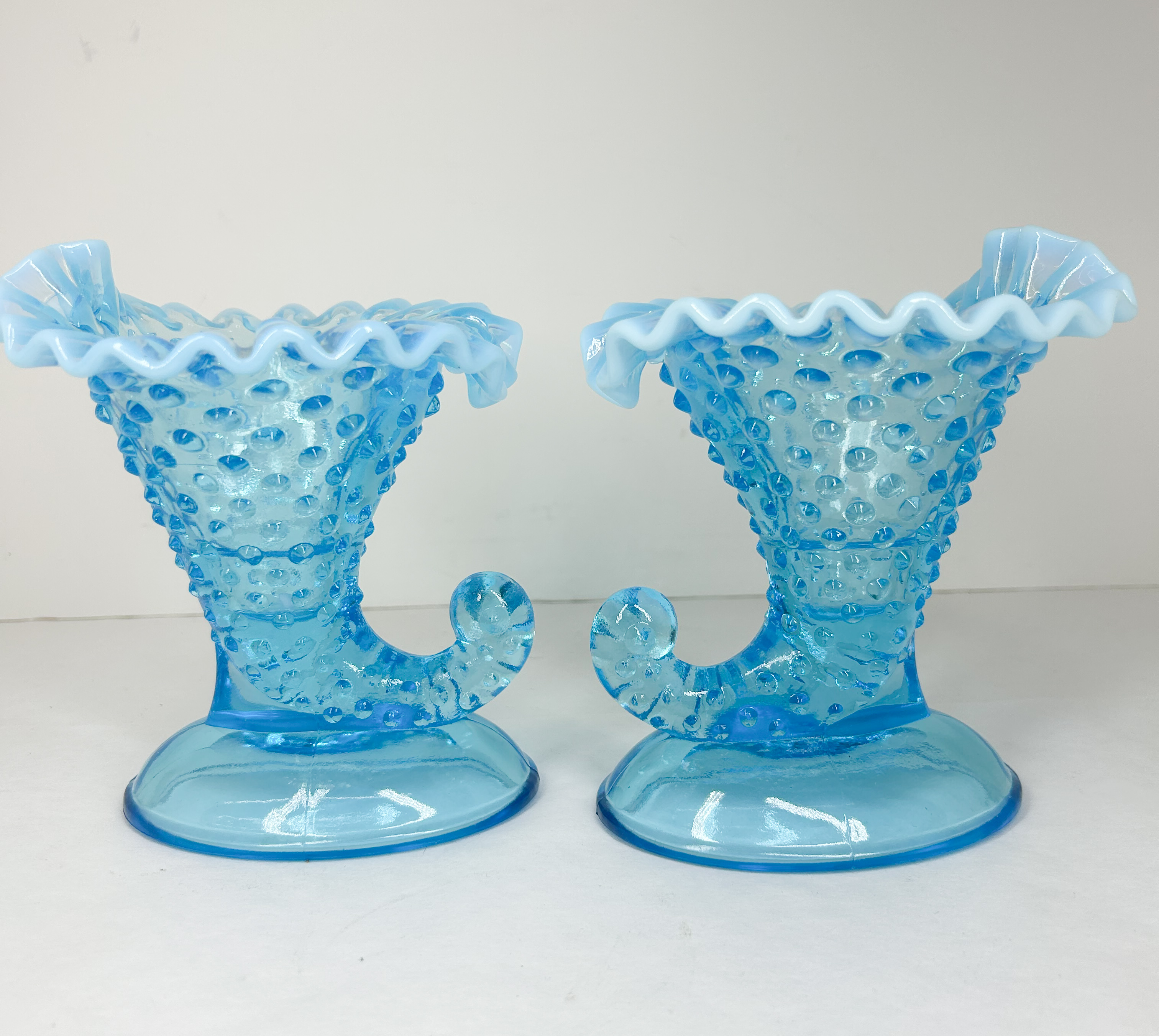 PAIR OF BLUE OPALESCENT HOBNAIL CORNUCOPIA VASES