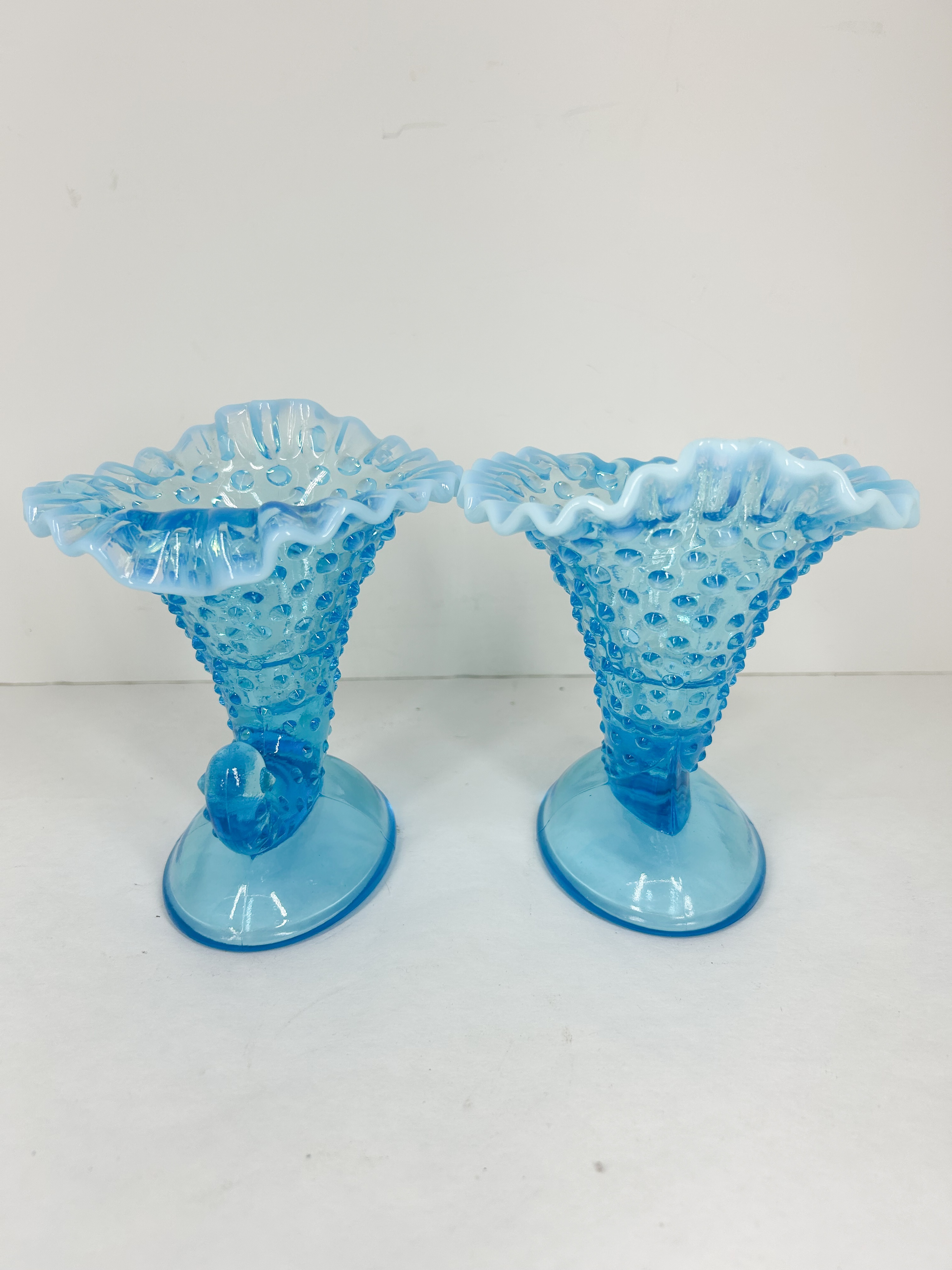 PAIR OF BLUE OPALESCENT HOBNAIL CORNUCOPIA VASES