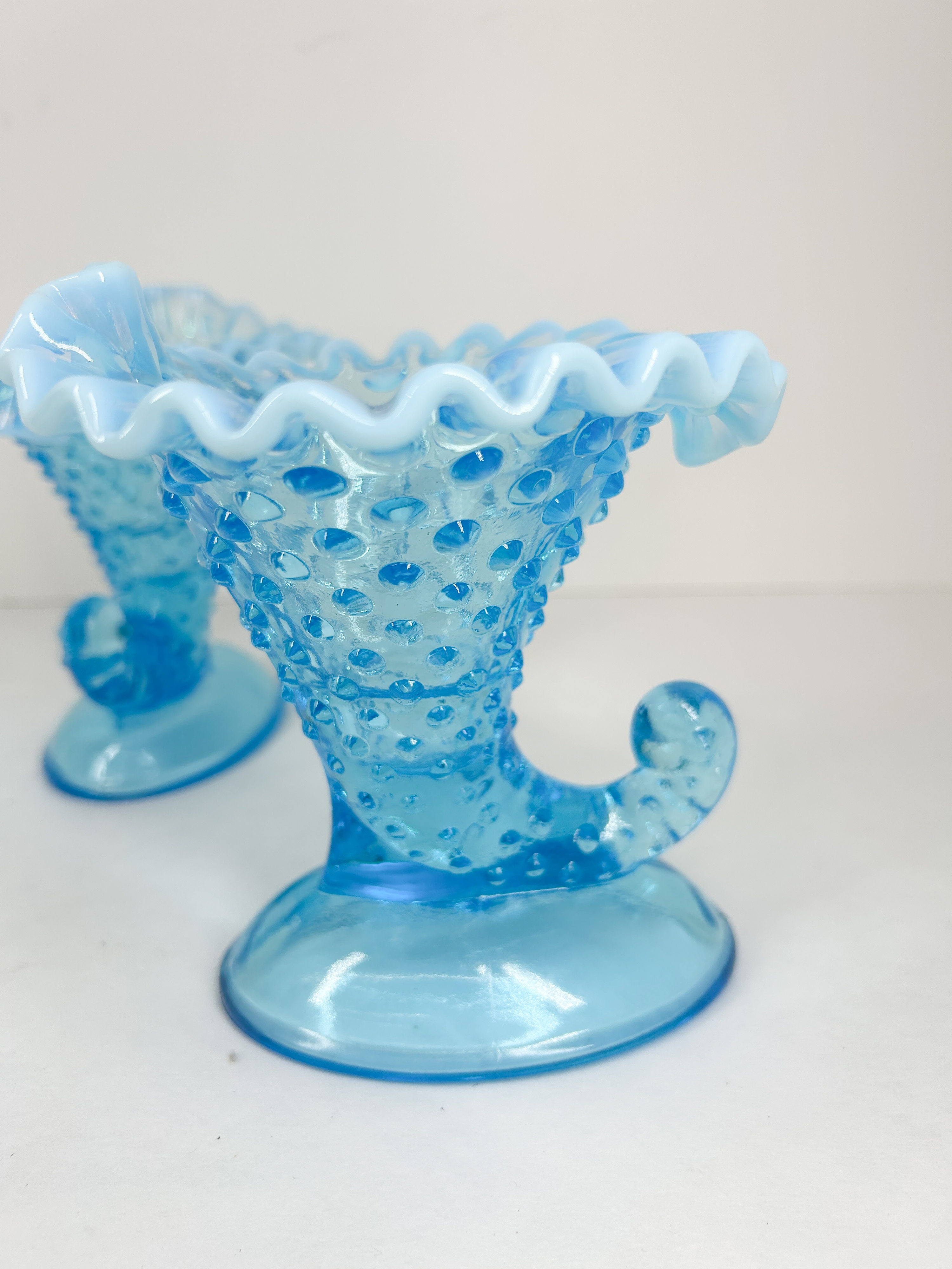 PAIR OF BLUE OPALESCENT HOBNAIL CORNUCOPIA VASES