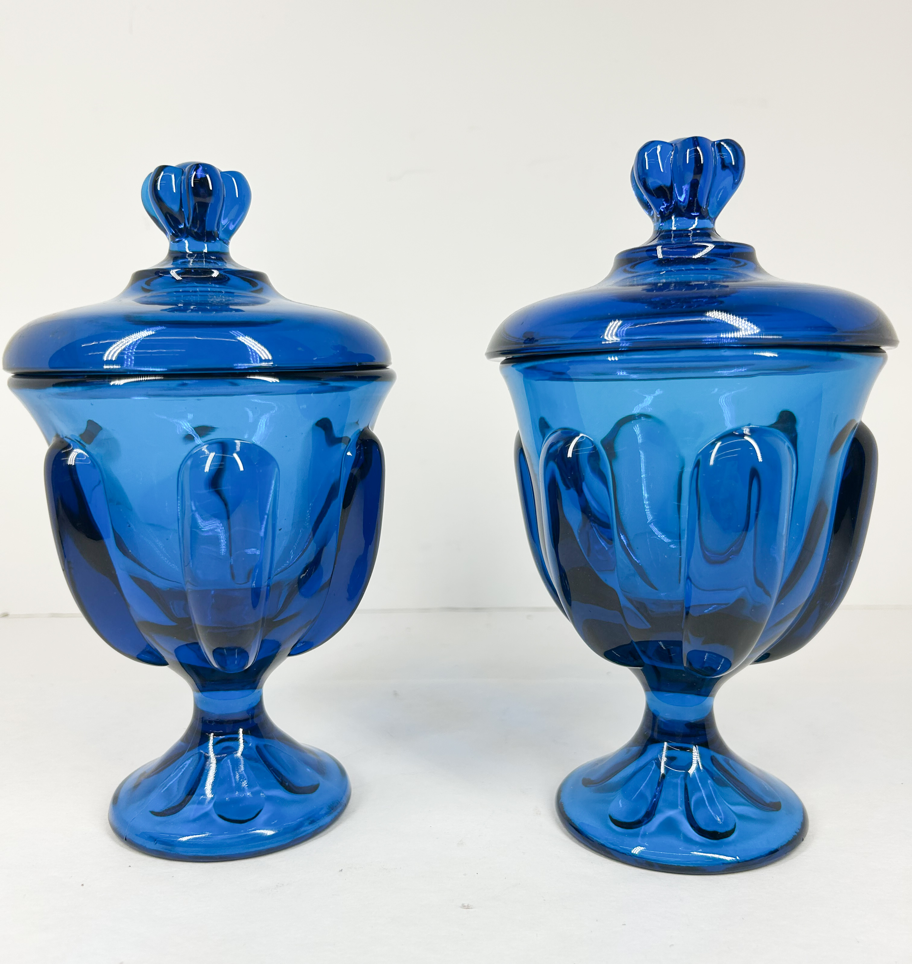 PAIR OF COBALT BLUE GLASS CANDY JARS