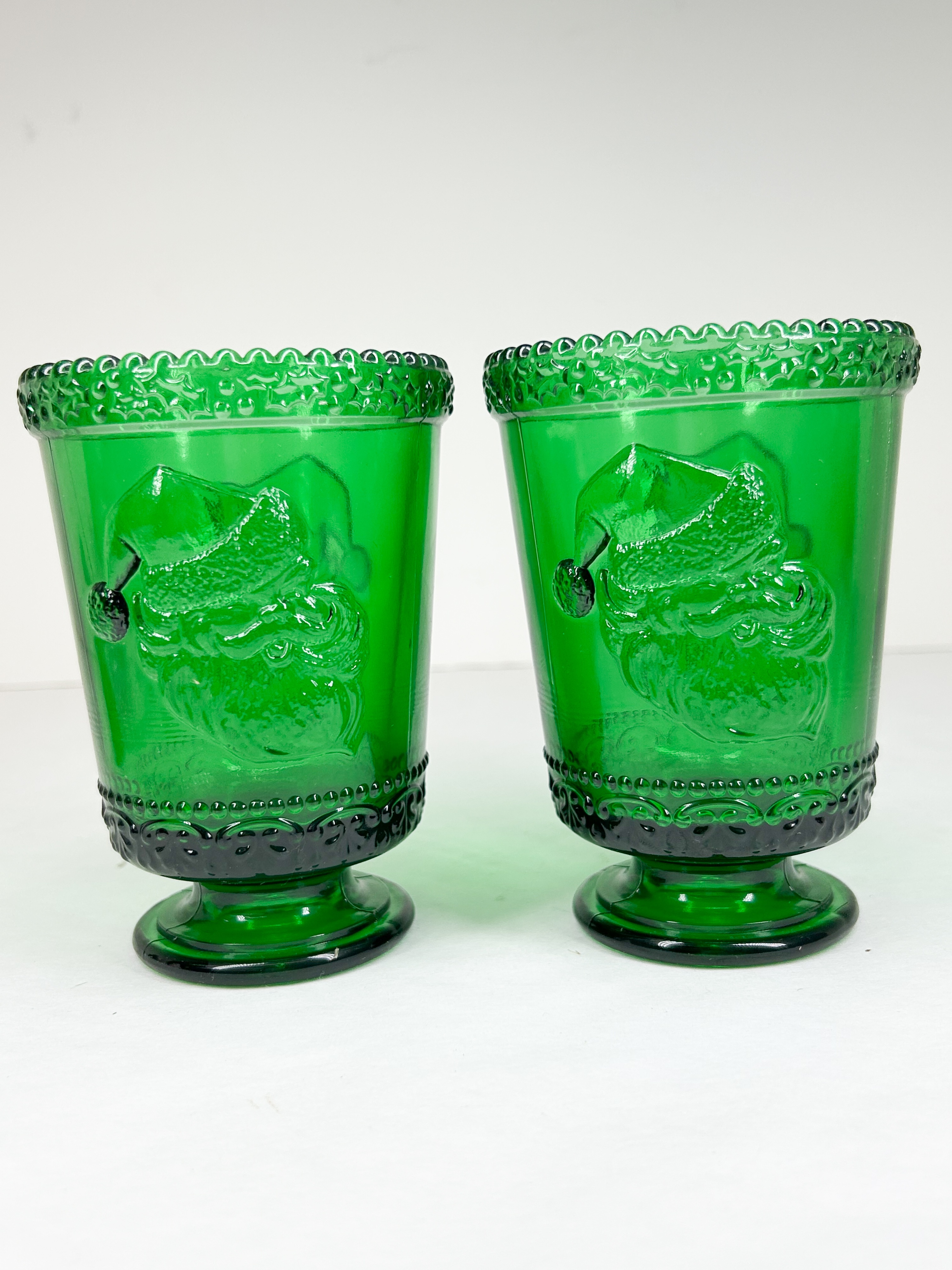 MOSSER GLASS GREEN SANTA FOOTED TUMBLERS