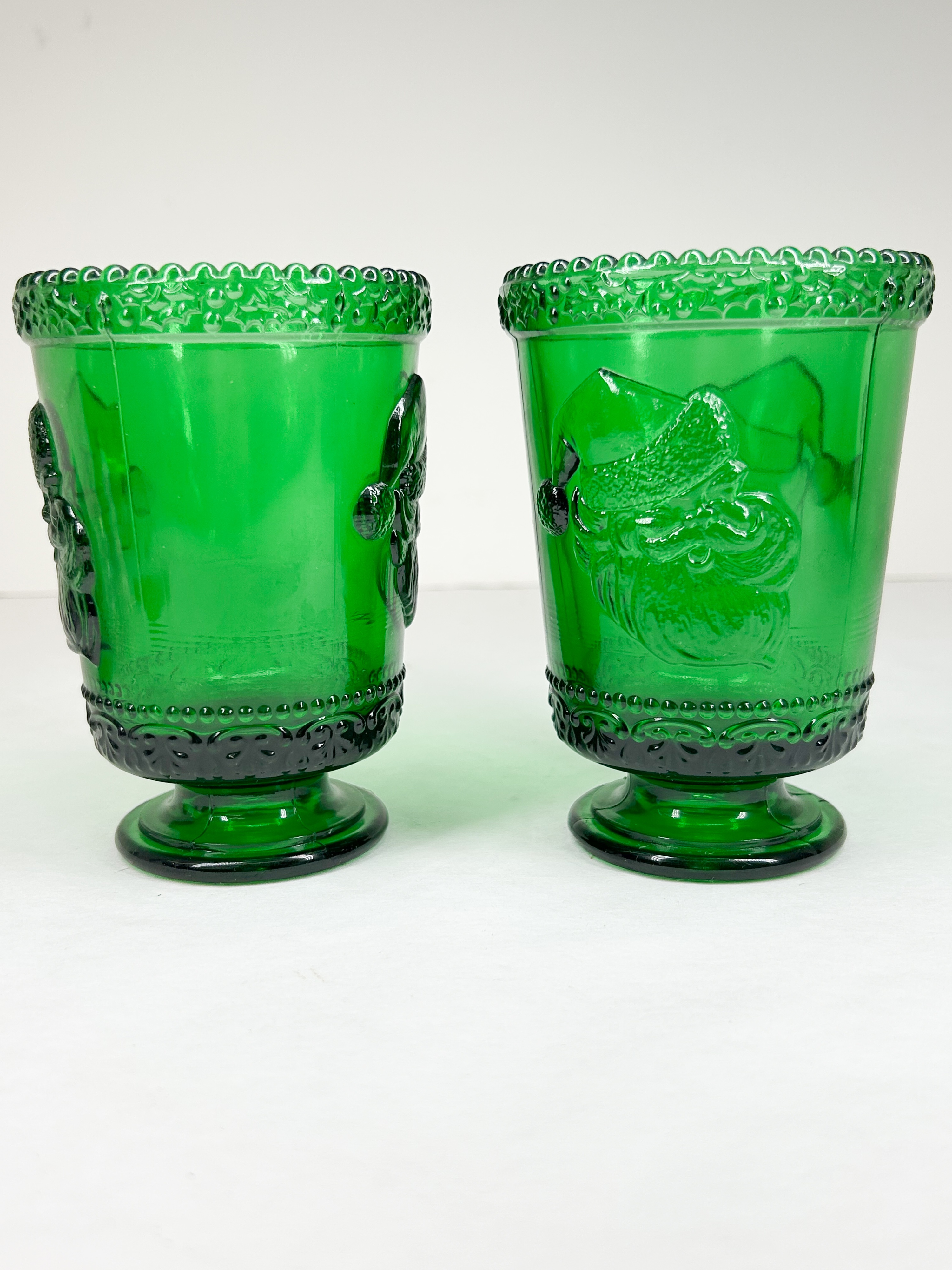 MOSSER GLASS GREEN SANTA FOOTED TUMBLERS