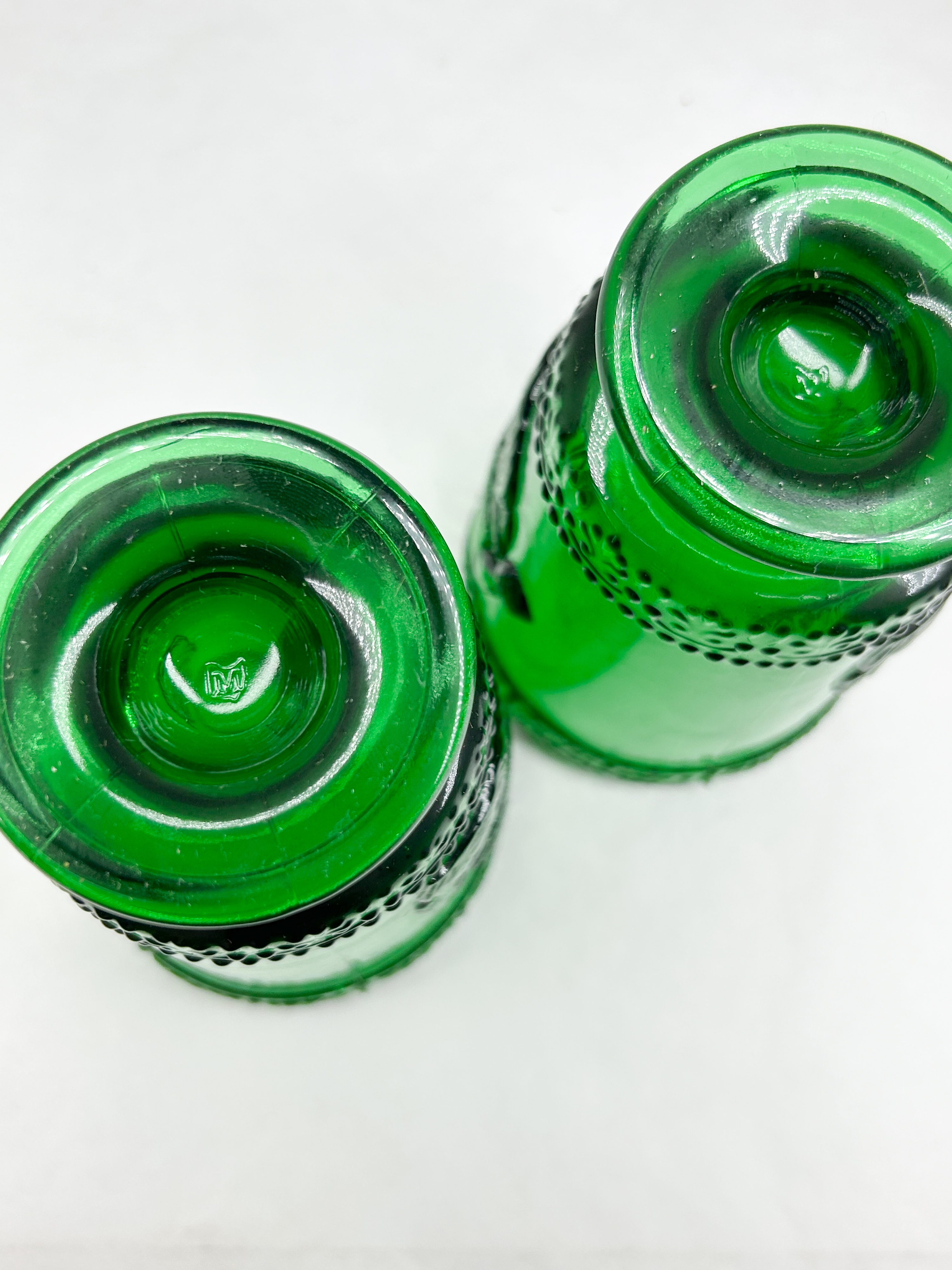 MOSSER GLASS GREEN SANTA FOOTED TUMBLERS