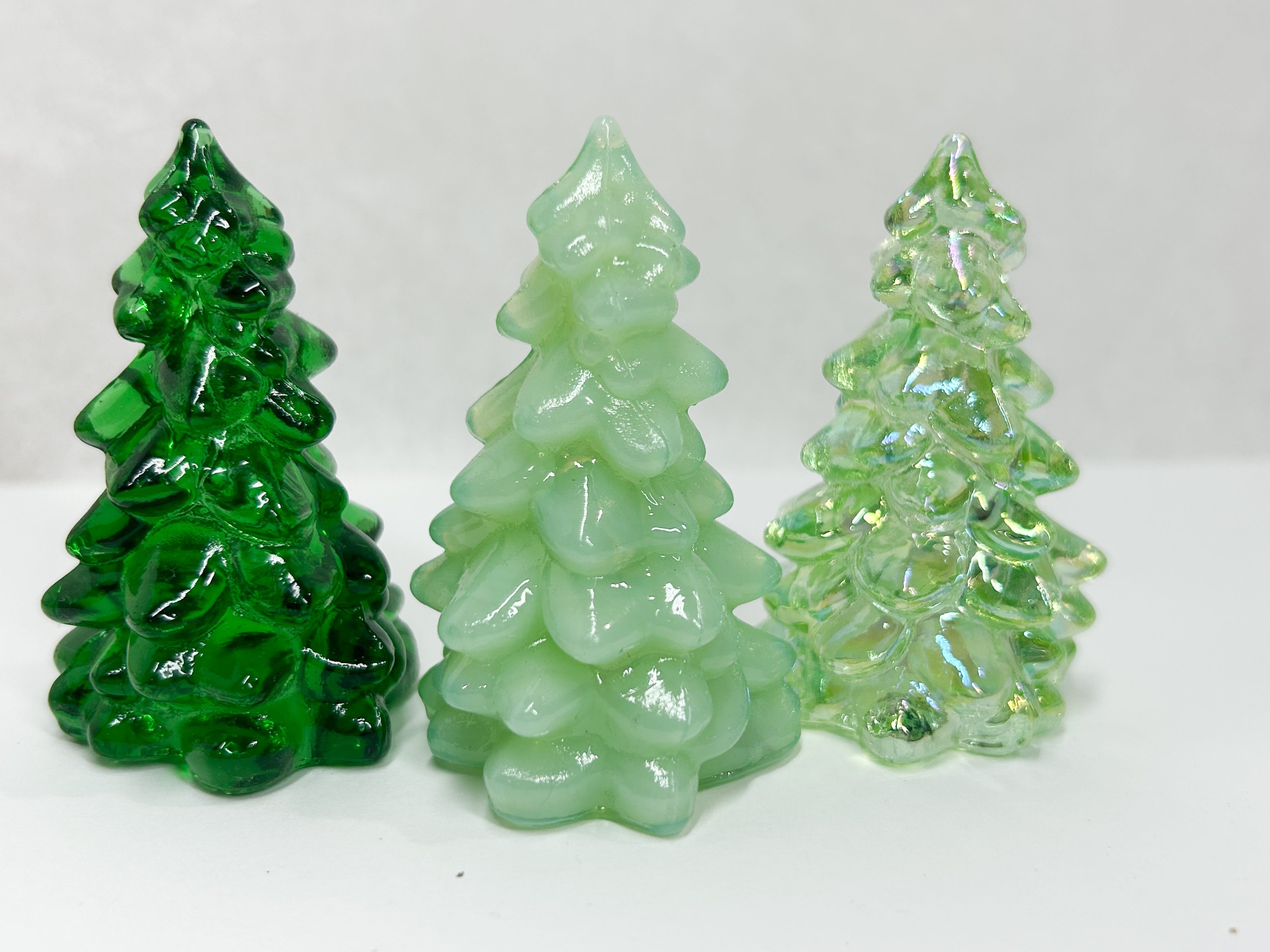 TRIO OF MOSSER GREEN GLASS CHRISTMAS TREES