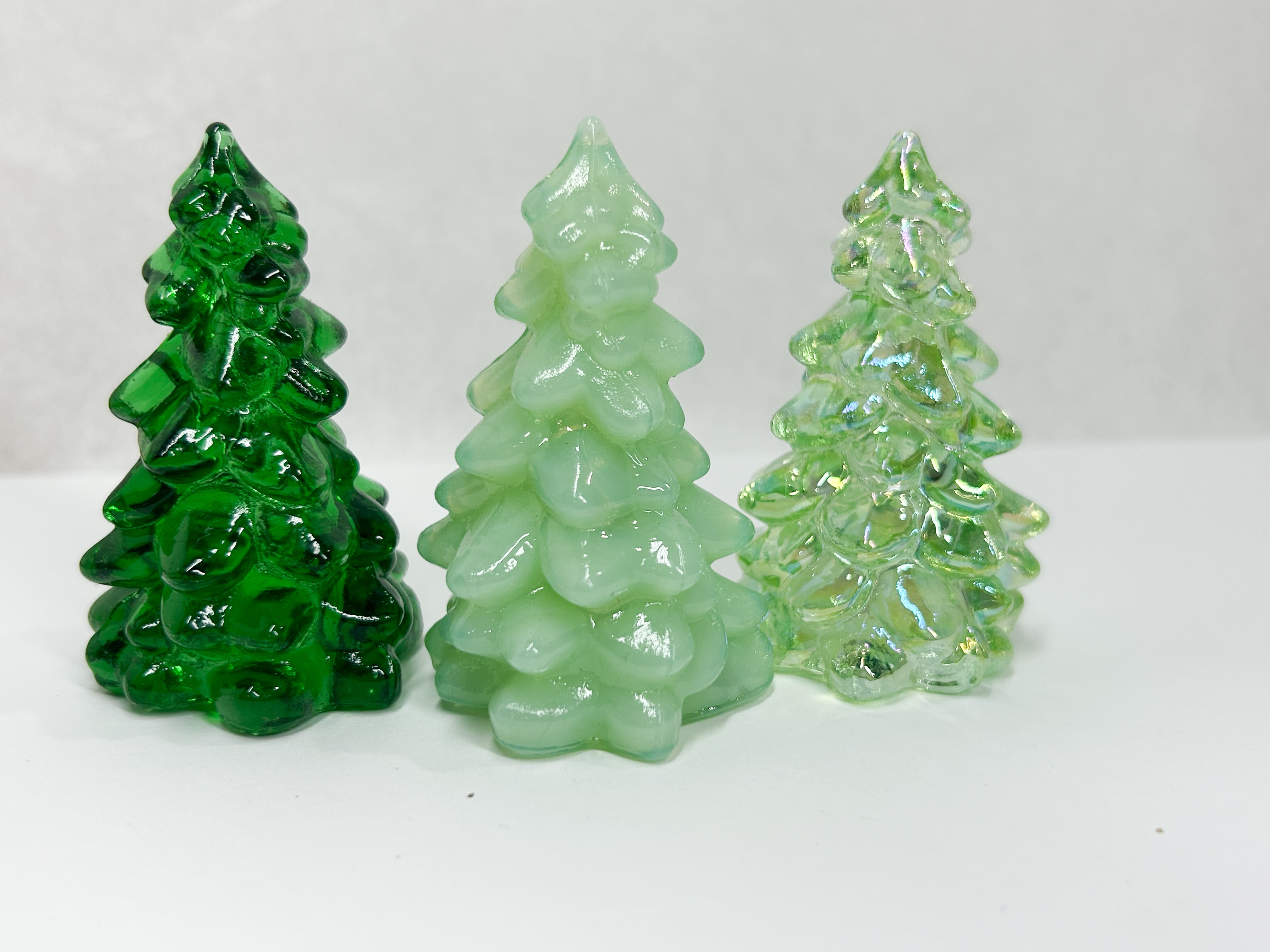TRIO OF MOSSER GREEN GLASS CHRISTMAS TREES