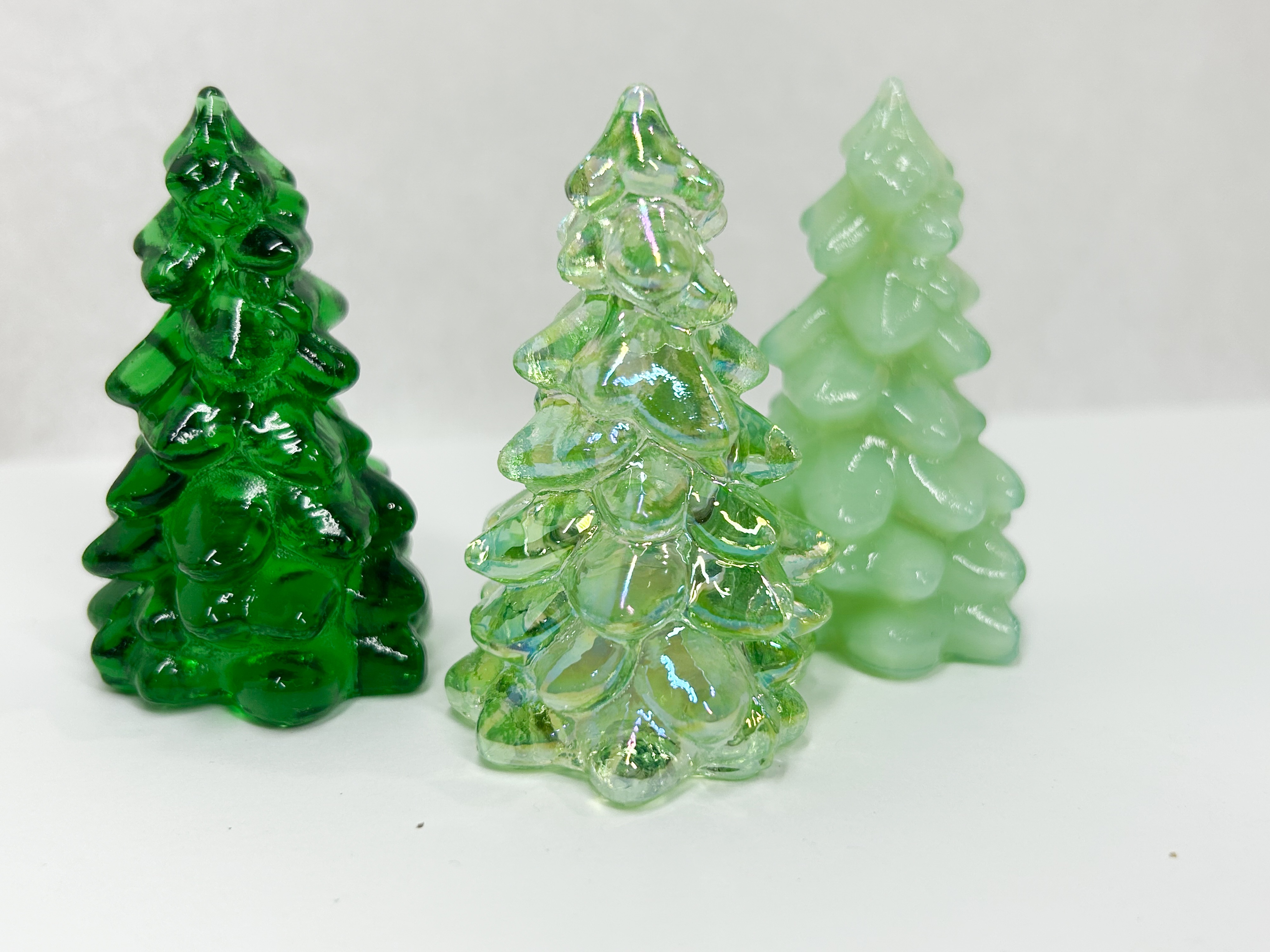 TRIO OF MOSSER GREEN GLASS CHRISTMAS TREES