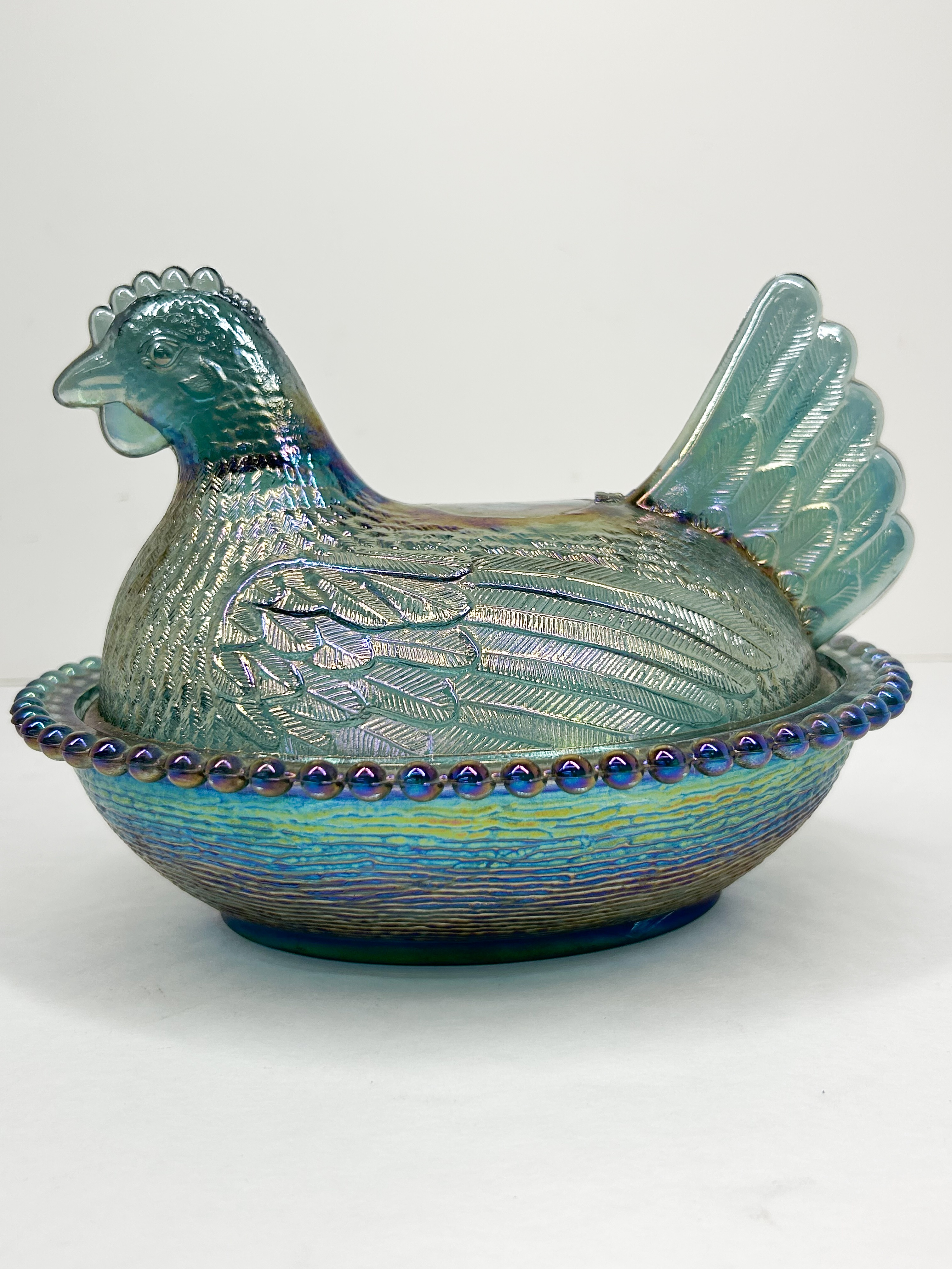 INDIANA IRIDESCENT BLUE GLASS HEN ON NEST