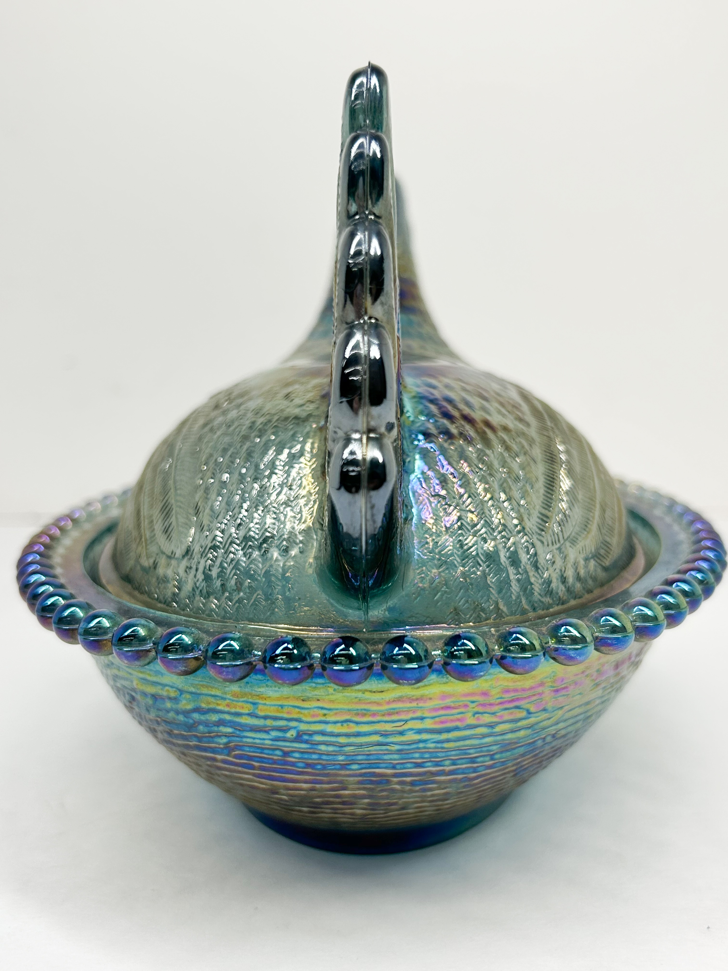 INDIANA IRIDESCENT BLUE GLASS HEN ON NEST
