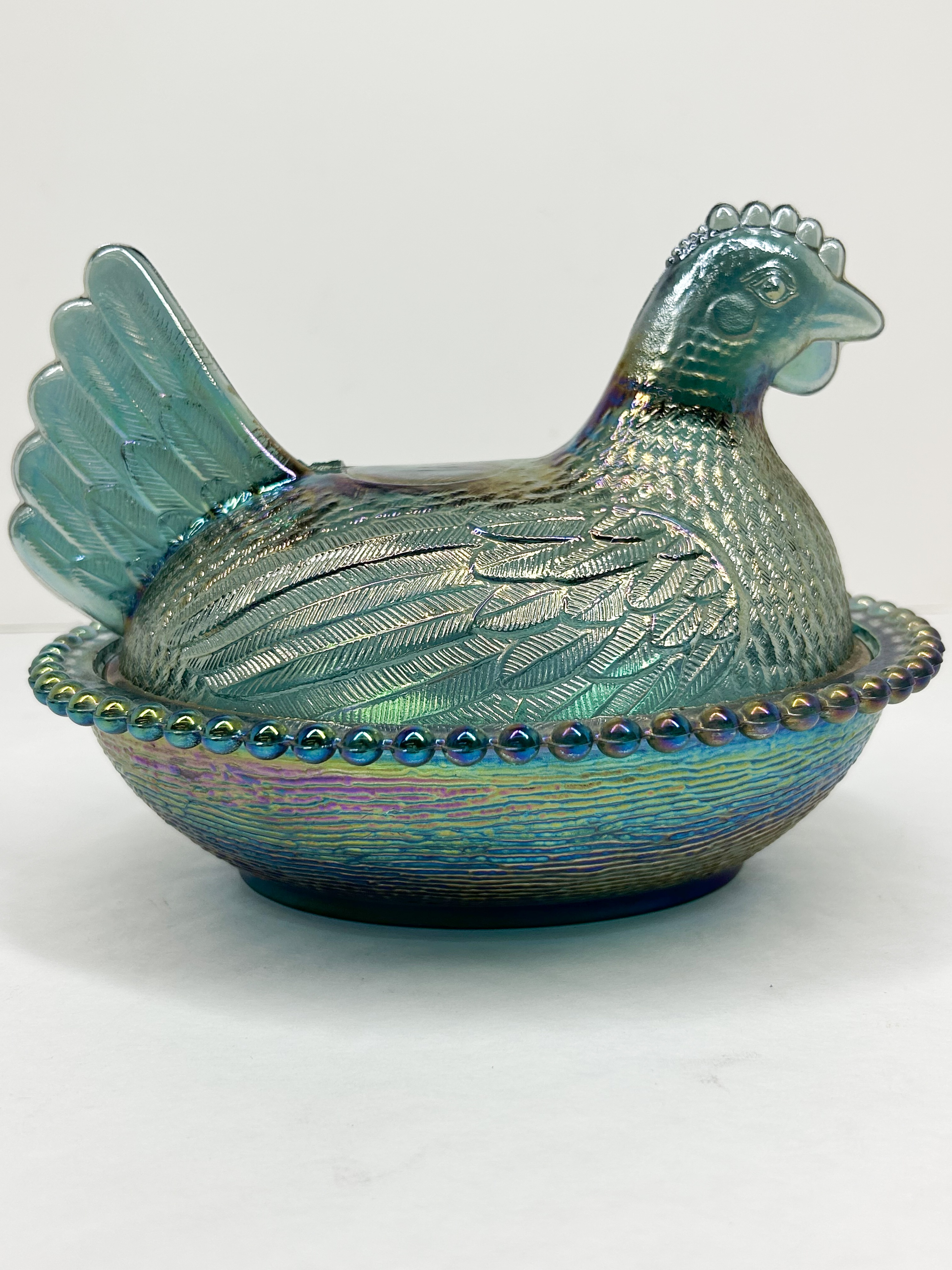 INDIANA IRIDESCENT BLUE GLASS HEN ON NEST