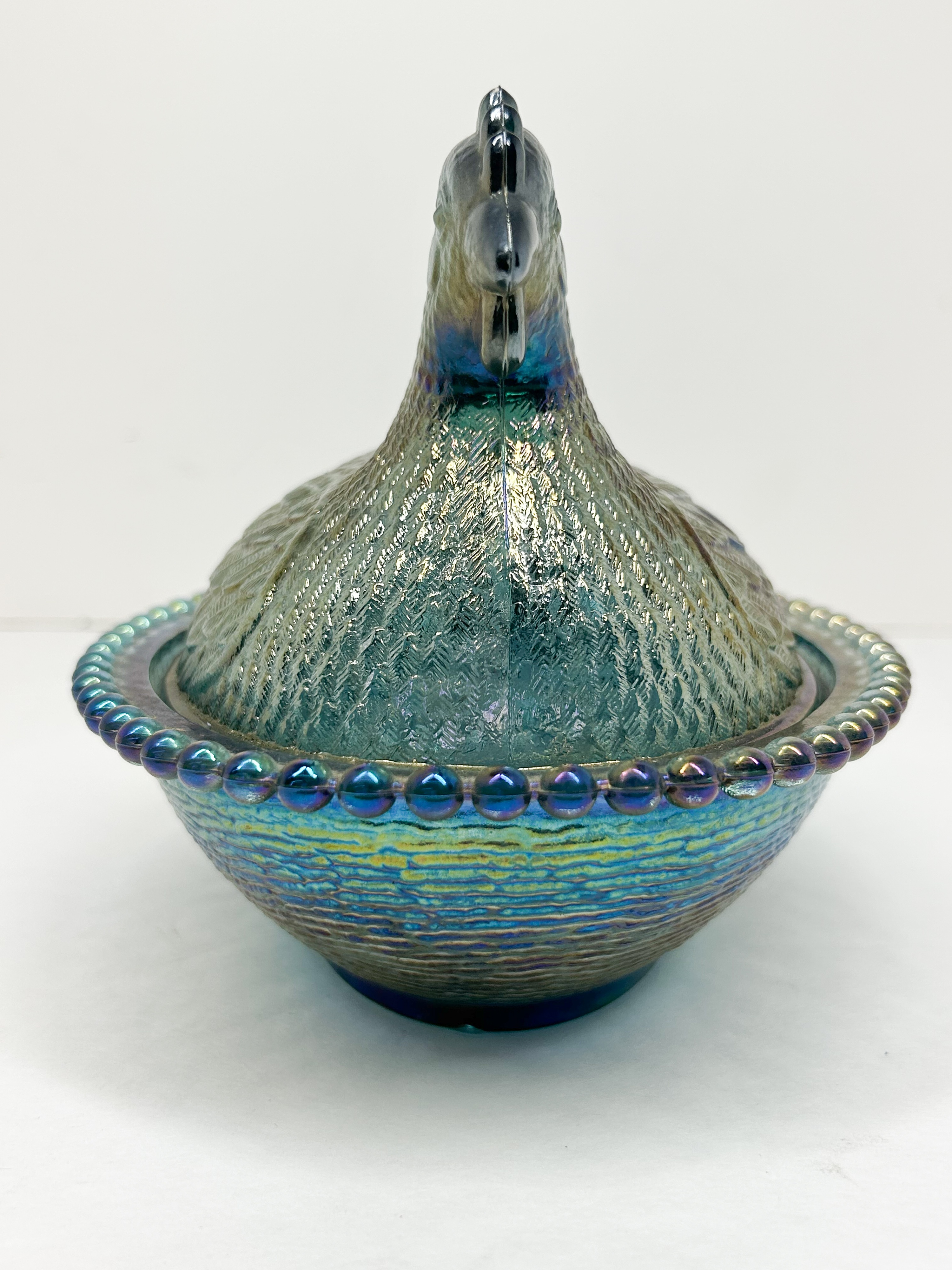 INDIANA IRIDESCENT BLUE GLASS HEN ON NEST