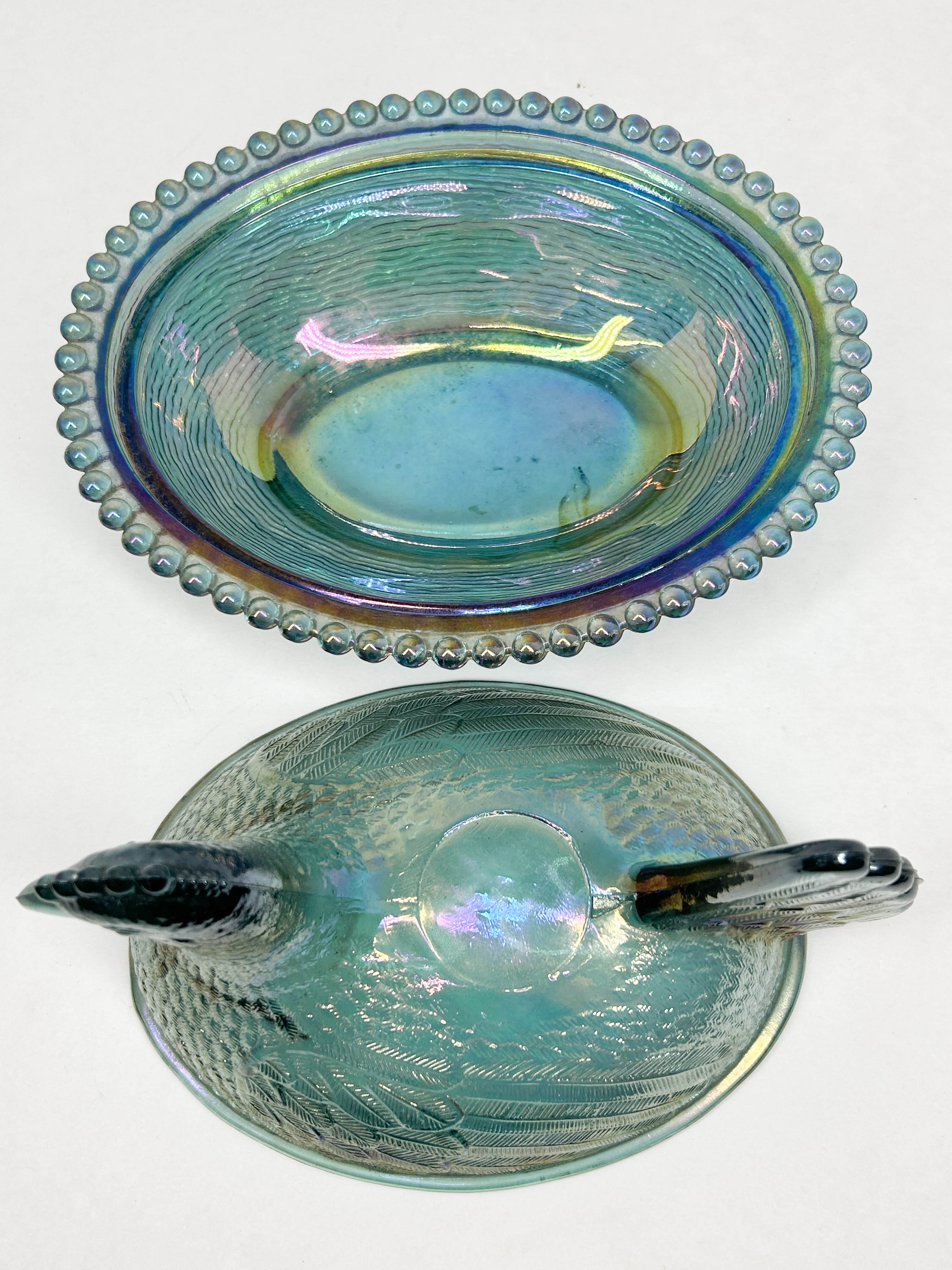 INDIANA IRIDESCENT BLUE GLASS HEN ON NEST