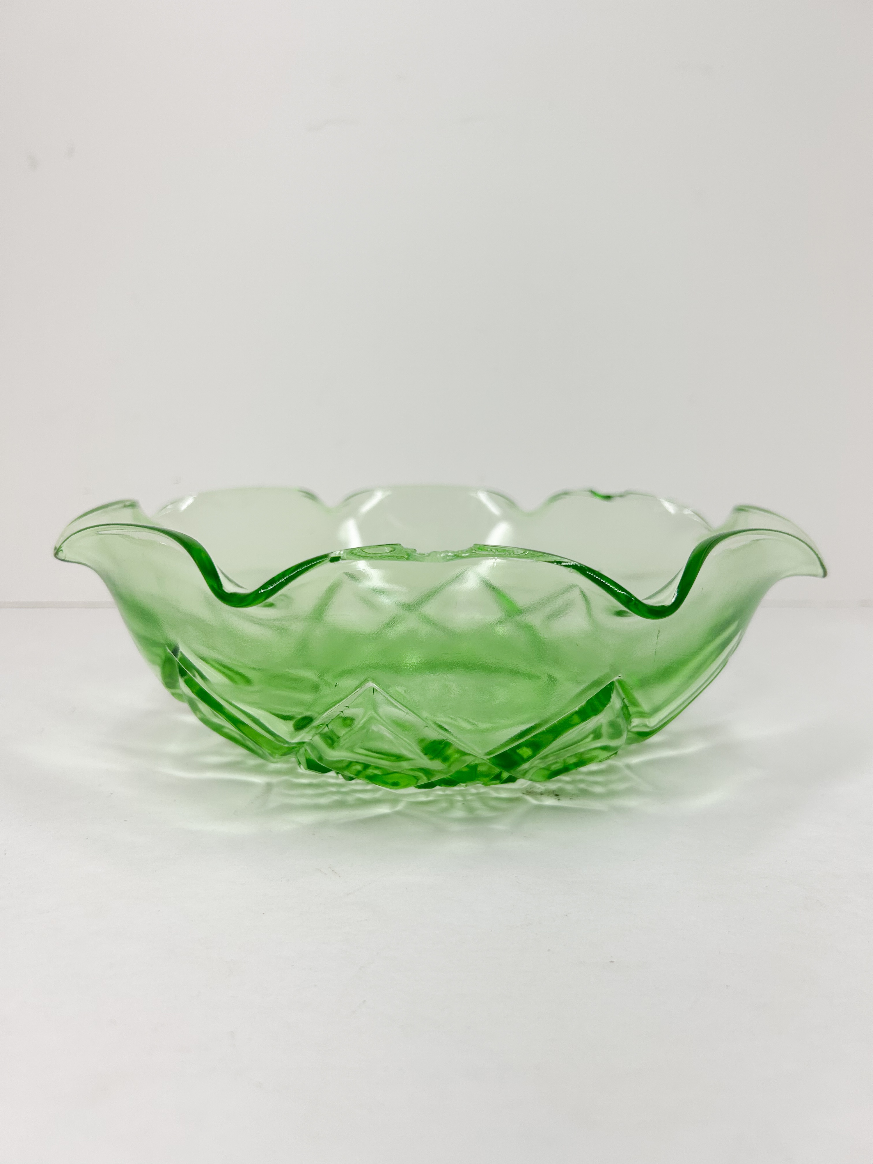 PRESSED URANIUM GLASS RUFFLED BOWL
