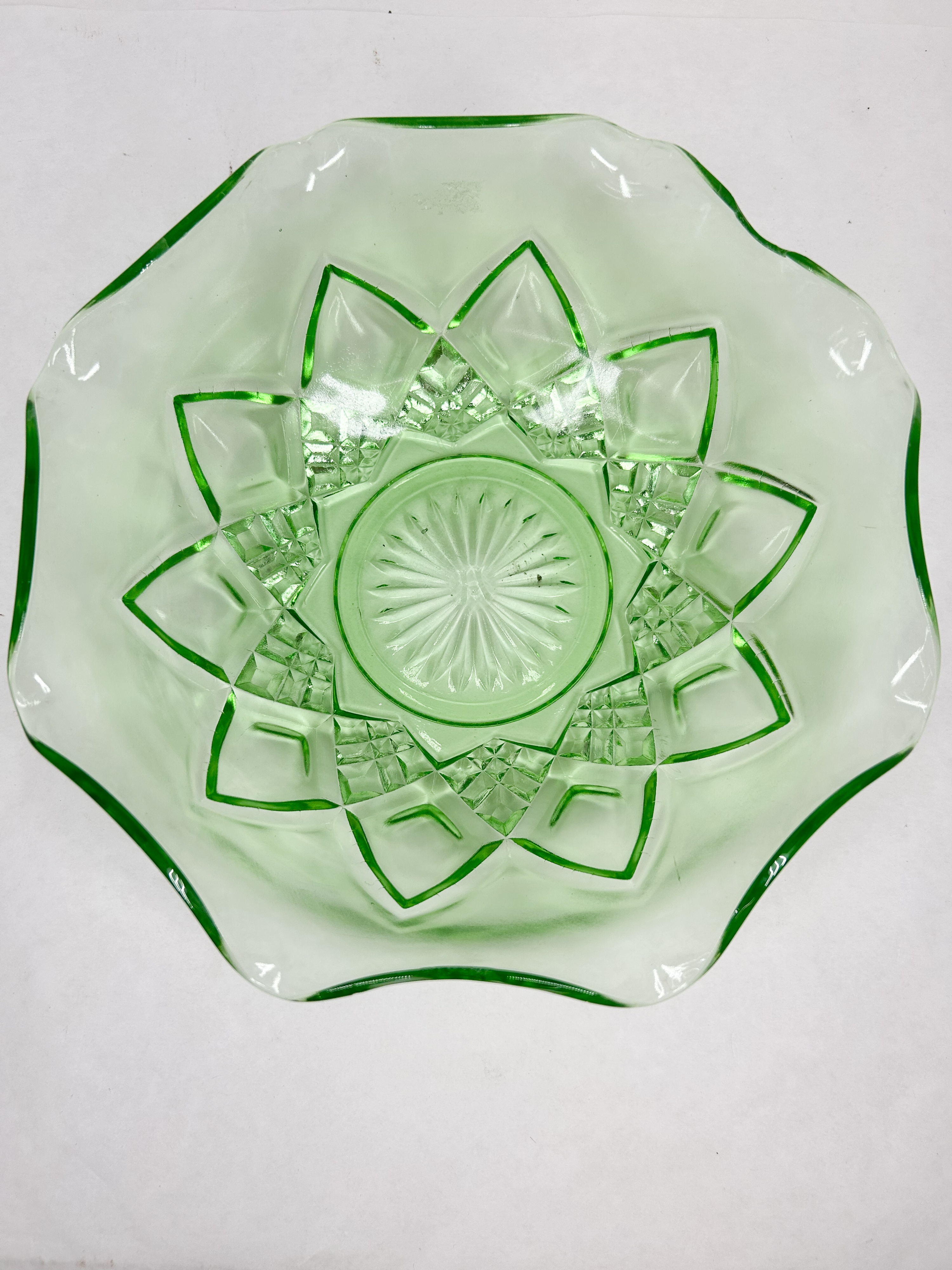 PRESSED URANIUM GLASS RUFFLED BOWL